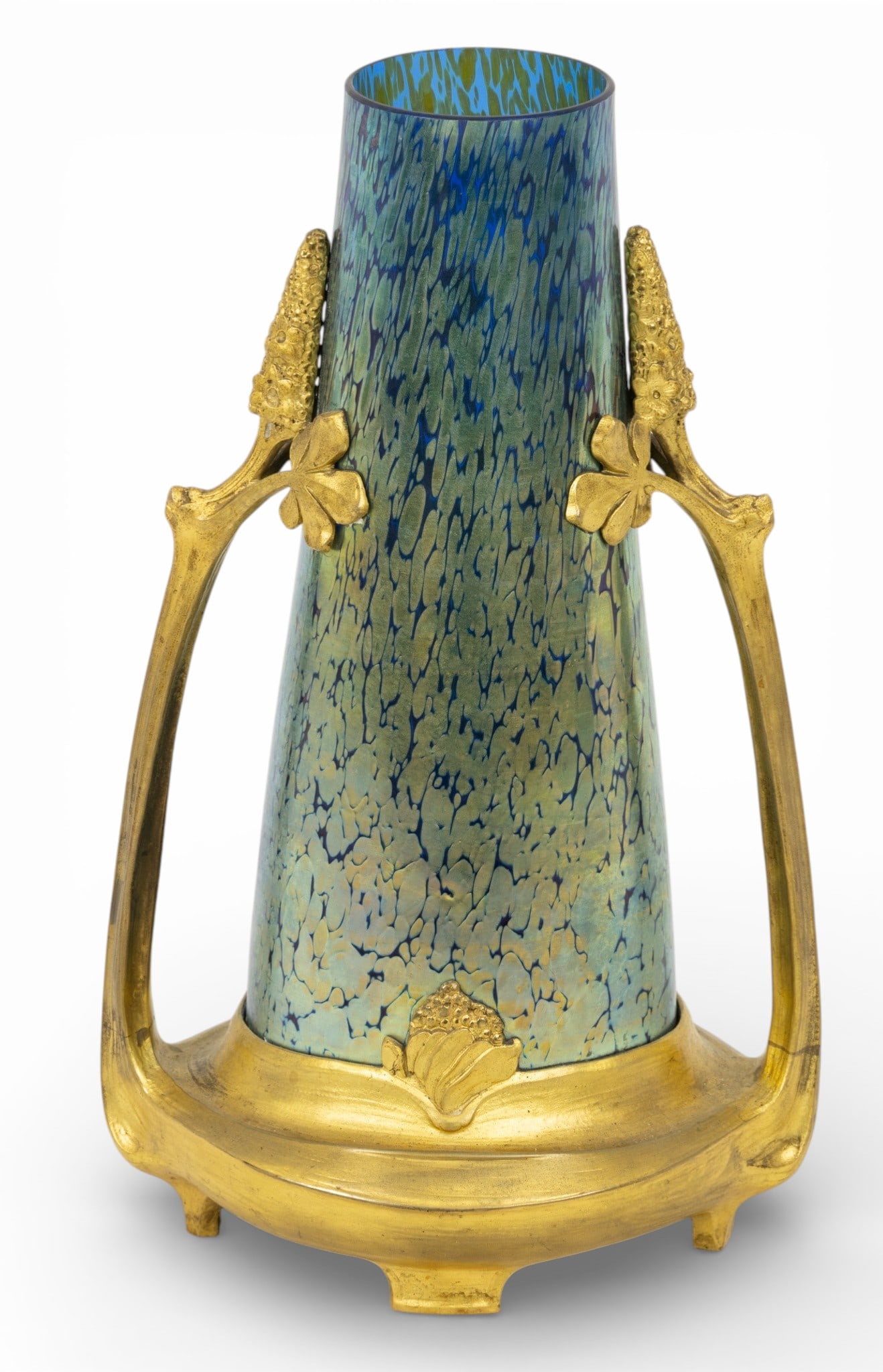 Loetz (Austrian) Art Nouveau Papillion Glass Vase, Ca. 1900, H 11" W 6.5" Depth 5.5": Loetz (Austrian) Art Nouveau Papillion Glass Vase, Ca. 1900, H 11" W 6.5" Depth 5.5" Cobalt iridescent tapering glass vase with floral bronze stand. Not marked. Provenance: Property of a Livonia, MI