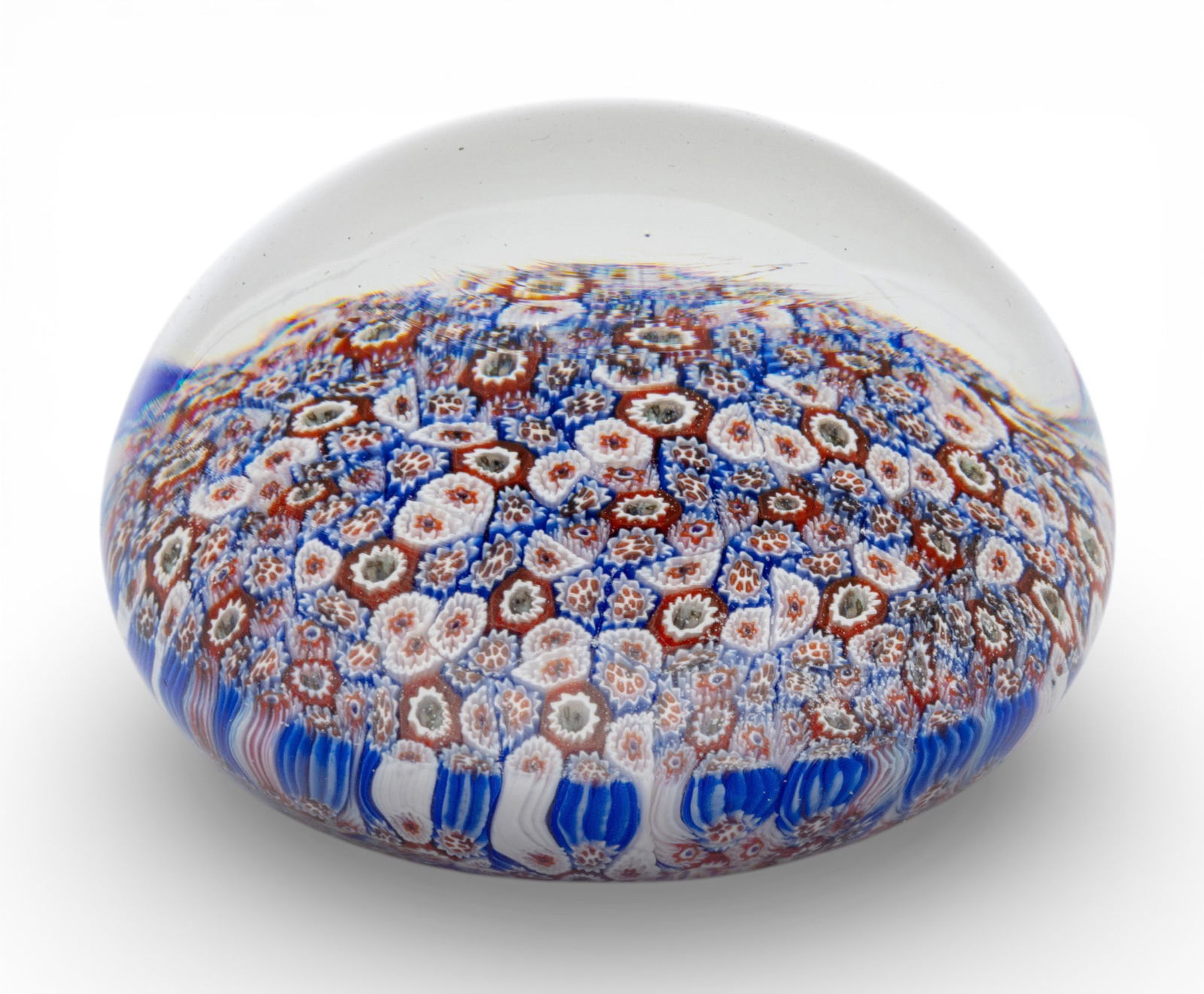 Baccarat Millefior Close Packed Mushroom Glass Paperweight, Torsade Base 1850, W 3.2" 1 PC: Baccarat Millefior Close Packed Mushroom Glass Paperweight, Torsade Base 1850, W 3.2" 1 PC Makers mark to the underside. Provenance: Property of a Prominent Grosse Pointe, MI Collector Dimensions: W