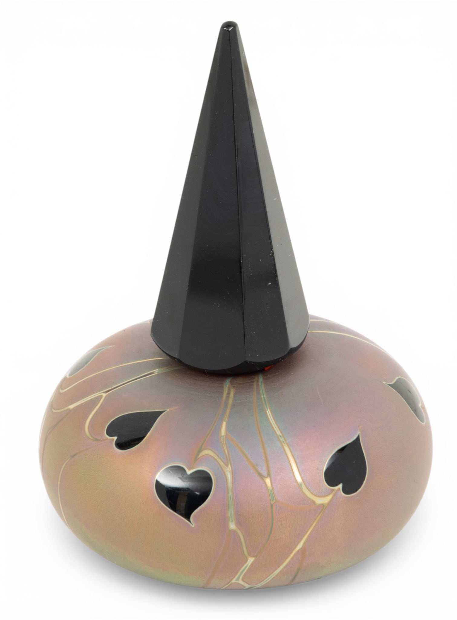 Craig Zweifel, Art Glass Perfume Bottle "Hearts", with Stopper 1996, H 3.5" Dia. 2.2": Craig Zweifel, Art Glass Perfume Bottle "Hearts", with Stopper 1996, H 3.5" Dia. 2.2" Signed and dated. Spear form stopper. Cased glass. Beautifully made with design of hearts. Provenance: Property o