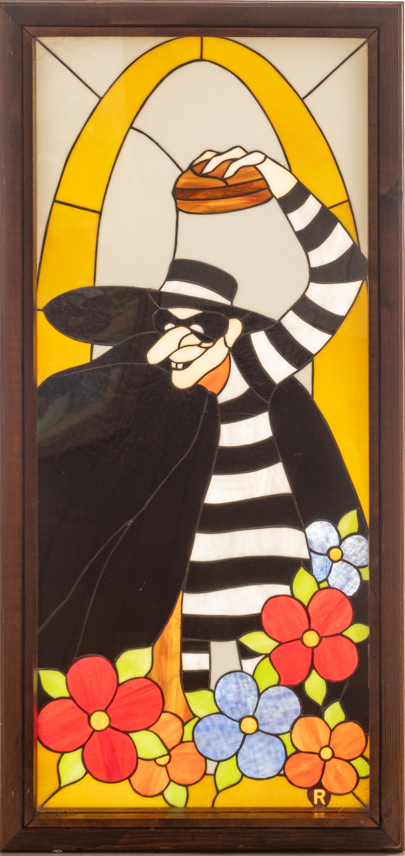 McDonald's Mansard Era Leaded Stained Glass Window 1970 -1980, 'Hamburglar', H 46" W 22" Depth 4": McDonald's Mansard Era Leaded Stained Glass Window 1970 -1980, 'Hamburglar', H 46" W 22" Depth 4" A tall and narrow, stained-glass window in a heavy oak shadowbox frame, featuring the original design