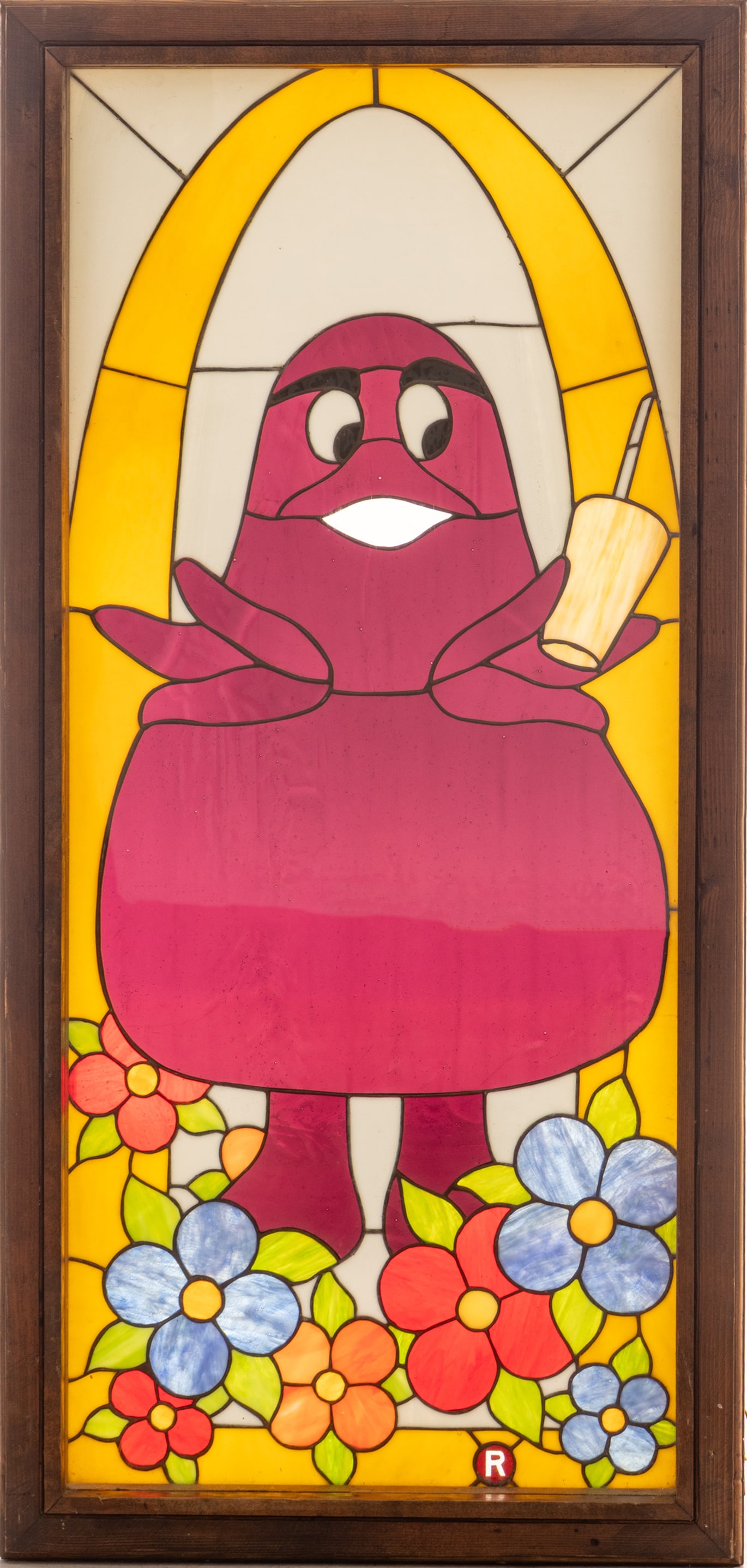 McDonald's Mansard Era Leaded Stained Glass Window 1970 - 1980, 'Grimace', H 46" W 22" Depth 4": McDonald's Mansard Era Leaded Stained Glass Window 1970 - 1980, 'Grimace', H 46" W 22" Depth 4" A tall and narrow, stained-glass window in a heavy oak shadowbox frame, featuring the McDonaldland chara