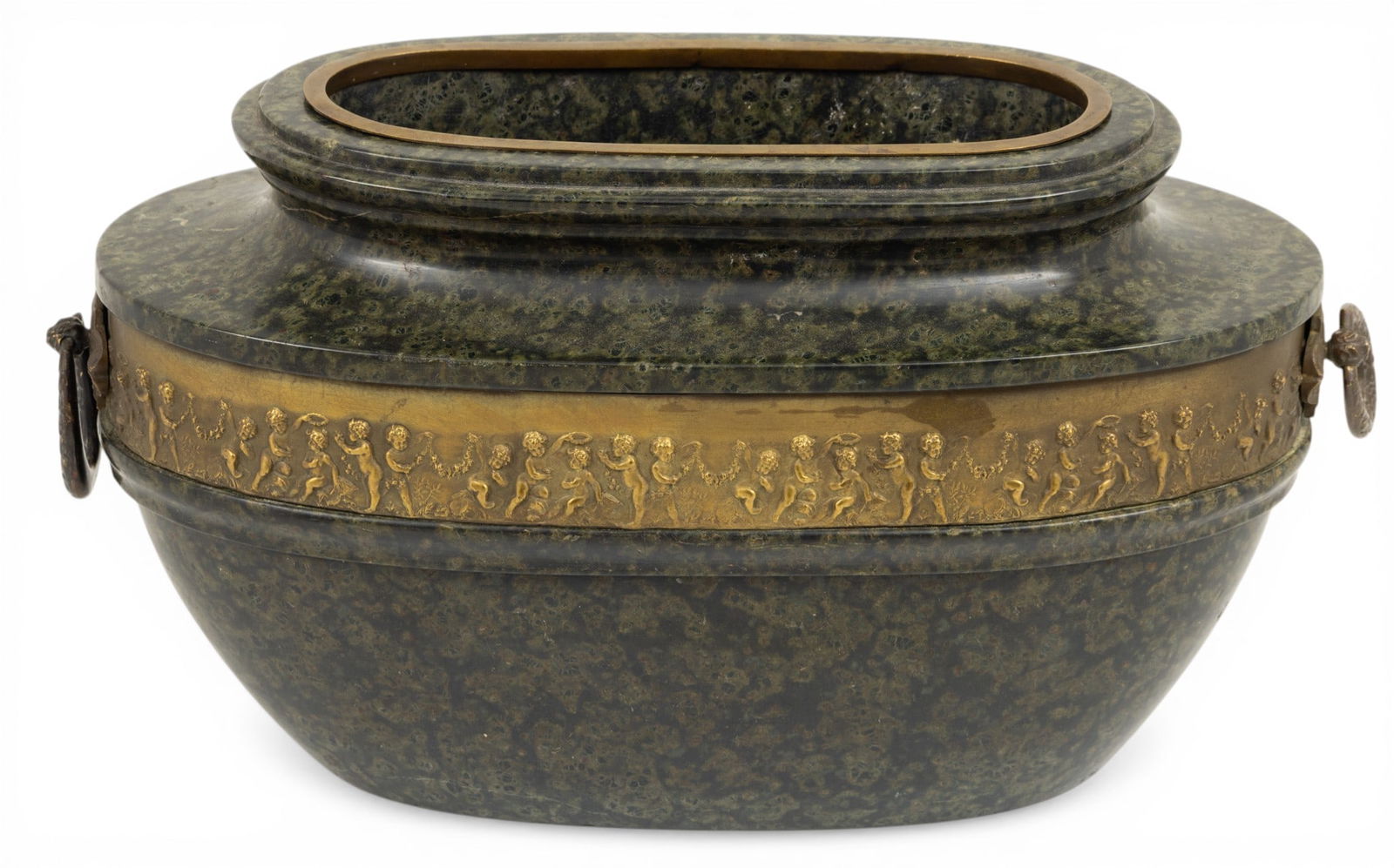 French Marble and Bronze Jardinière 19th.c., H 8.5" W 16" Depth 7.5": French Marble and Bronze Jardinière 19th.c., H 8.5" W 16" Depth 7.5" Oval green jardinière hollowed from a single piece of mottled green marble. A bronze band depicting putti in low relief