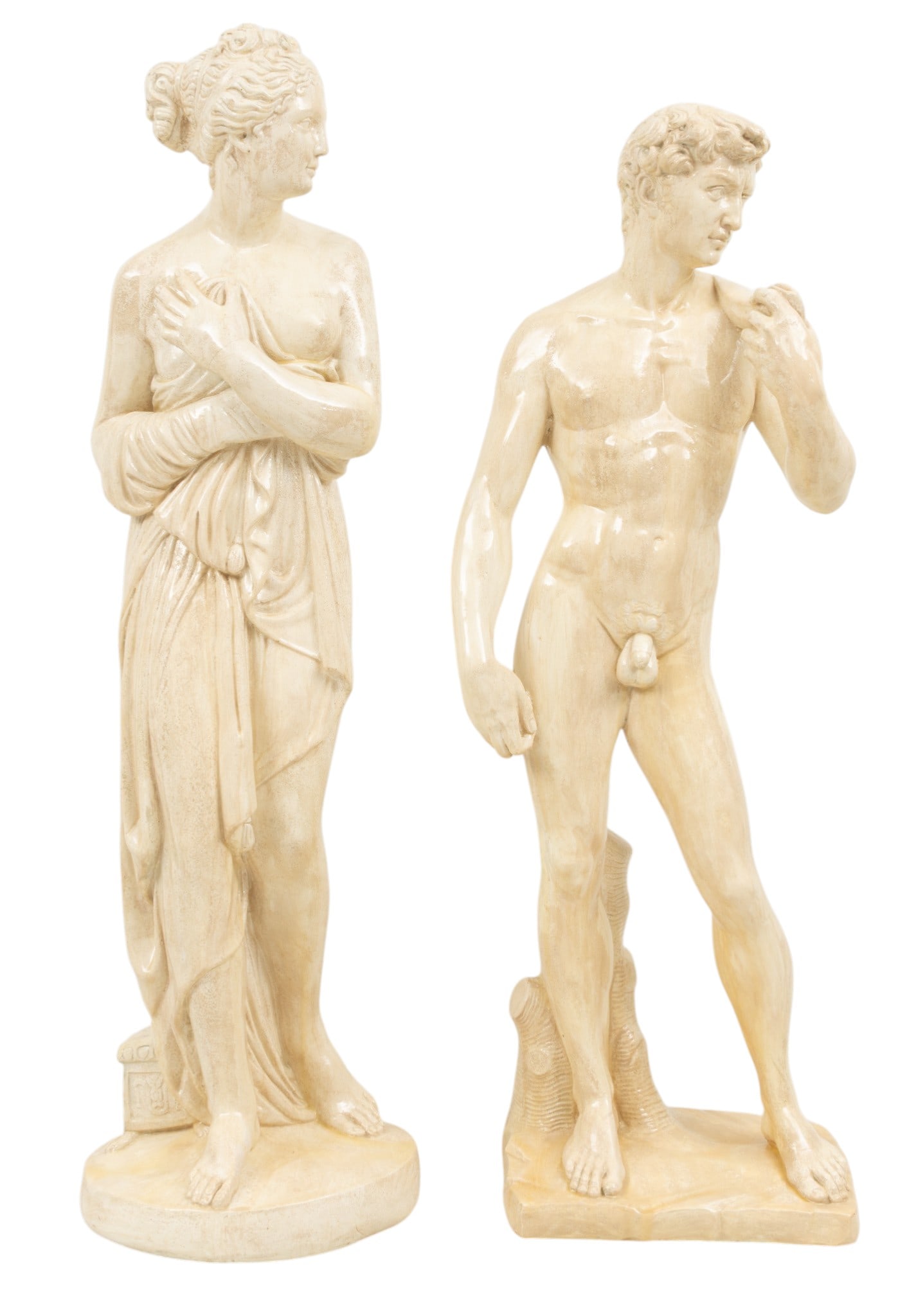 Italian Earthenware Male and Female Statues, Ca. 20th C., H 40" W 20" 1 PAIR: Italian Earthenware Male and Female Statues, Ca. 20th C., H 40" W 20" 1 PAIR Reproductions of Michelangelo's David and Antonio Canova's Venus. Provenance: Property from the collection of a membe
