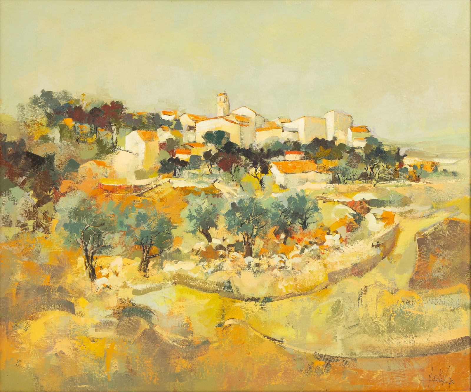 Jacques Roland Sokol (Polish/French, 1933-1983) Oil on Canvas 1973, 'Venta Bren, Provence', H 21" W: Jacques Roland Sokol (Polish/French, 1933-1983) Oil on Canvas 1973, 'Venta Bren, Provence', H 21" W 25.25" Frame Size: H 22.5" W 27" Landscape of the hilltop village of Ventabren, Provence. Signed low