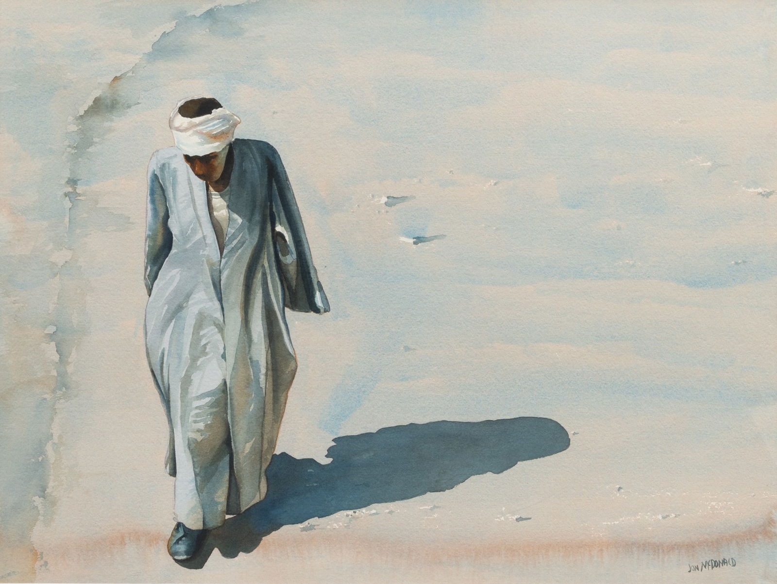 Jon McDonald (American, B. 1946) Watercolor on Arches Wove Paper, 'North African Gentleman', H 21.5": Jon McDonald (American, B. 1946) Watercolor on Arches Wove Paper, 'North African Gentleman', H 21.5" W 29" Signed lower right. Depicting a North African gentleman walking in an arid landscape. Matted