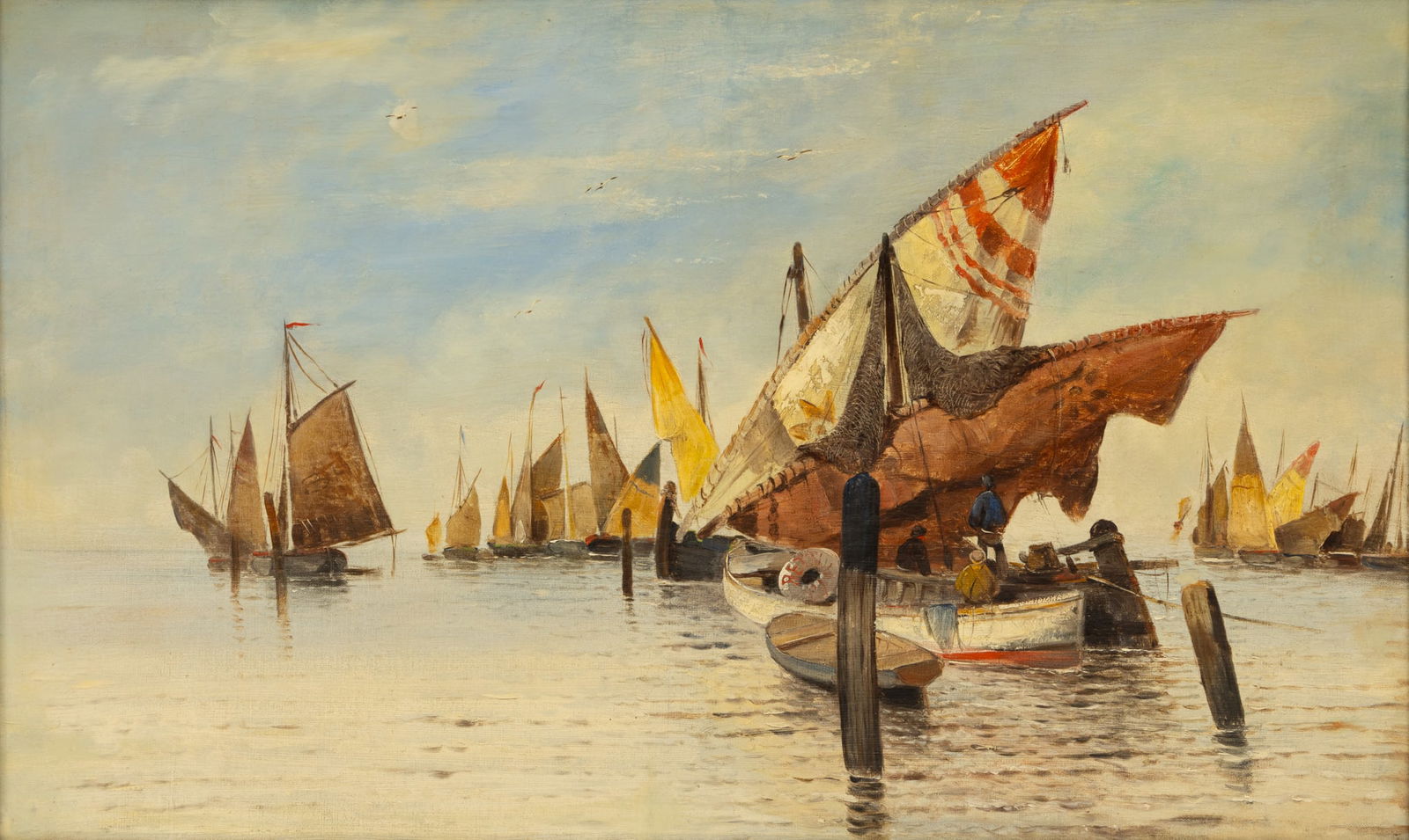Attributed to Georg Fischhof (Austrian, 1859-1914) Oil on Canvas, Ca. 1880-90, 'Italian Harbor', H: Attributed to Georg Fischhof (Austrian, 1859-1914) Oil on Canvas, Ca. 1880-90, 'Italian Harbor', H 21" W 35" Frame Size: H 27" W 41" Unsigned. Depicting moored sailing vessels in an Italian harbor. Ha