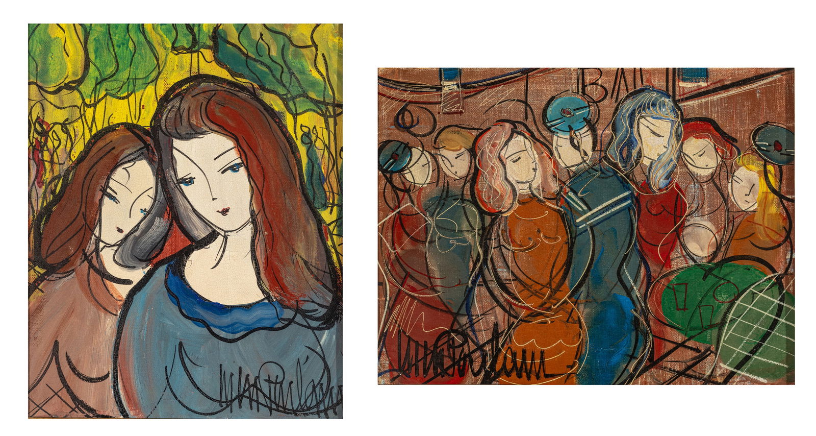 Michel Marie Poulain (French, 1906-1991) Oils on Canvas, 'Portrait of Two Women; Group of Women', H: Michel Marie Poulain (French, 1906-1991) Oils on Canvas, 'Portrait of Two Women; Group of Women', H 11" W 14" 2 PCS Each work is signed by the artist on the recto. Having matching giltwood frames with