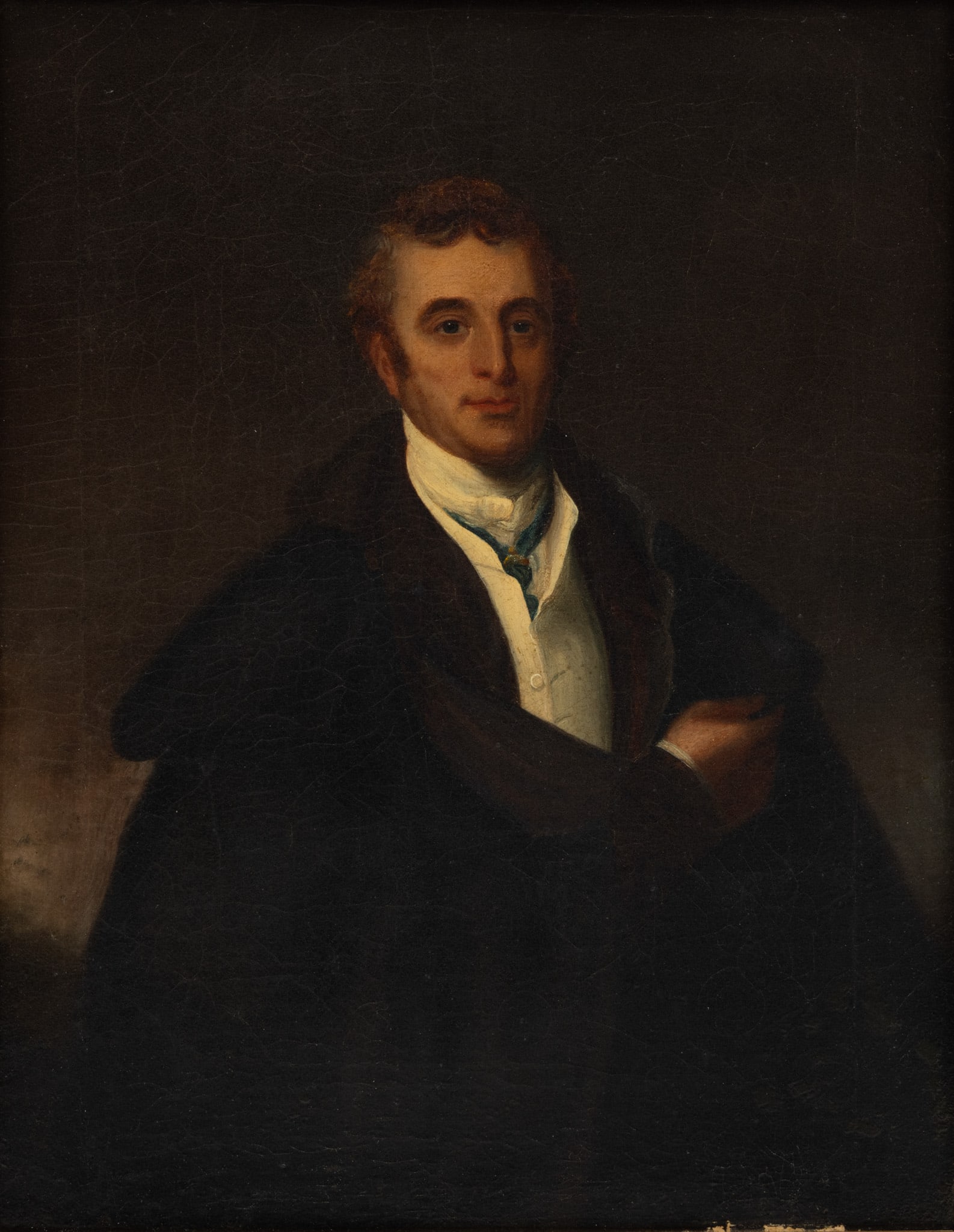 English Oil on Canvas, Ca. Early 19th C., 'Portrait of a Gentleman', H 17.25" W 13": English Oil on Canvas, Ca. Early 19th C., 'Portrait of a Gentleman', H 17.25" W 13" Unsigned. Half length portrait of a gentleman wearing a dark overcoat, linen shirt and lace cravat. Having a giltwoo