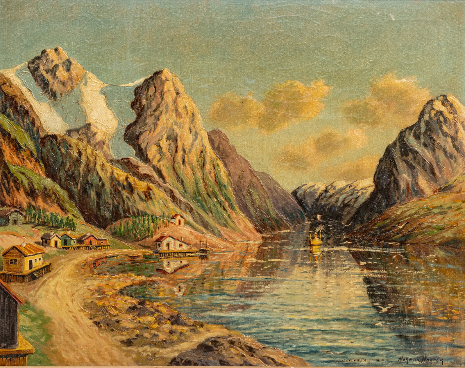 Norman Harper Oil on Canvas, Ca. 1950, 'Norwegian Fjord', H 24" W 30": Norman Harper Oil on Canvas, Ca. 1950, 'Norwegian Fjord', H 24" W 30" Signed lower right. Idyllic view of a Norwegian fjord with homes and a dock line the banks as vessels ply the water. All dwarfed b
