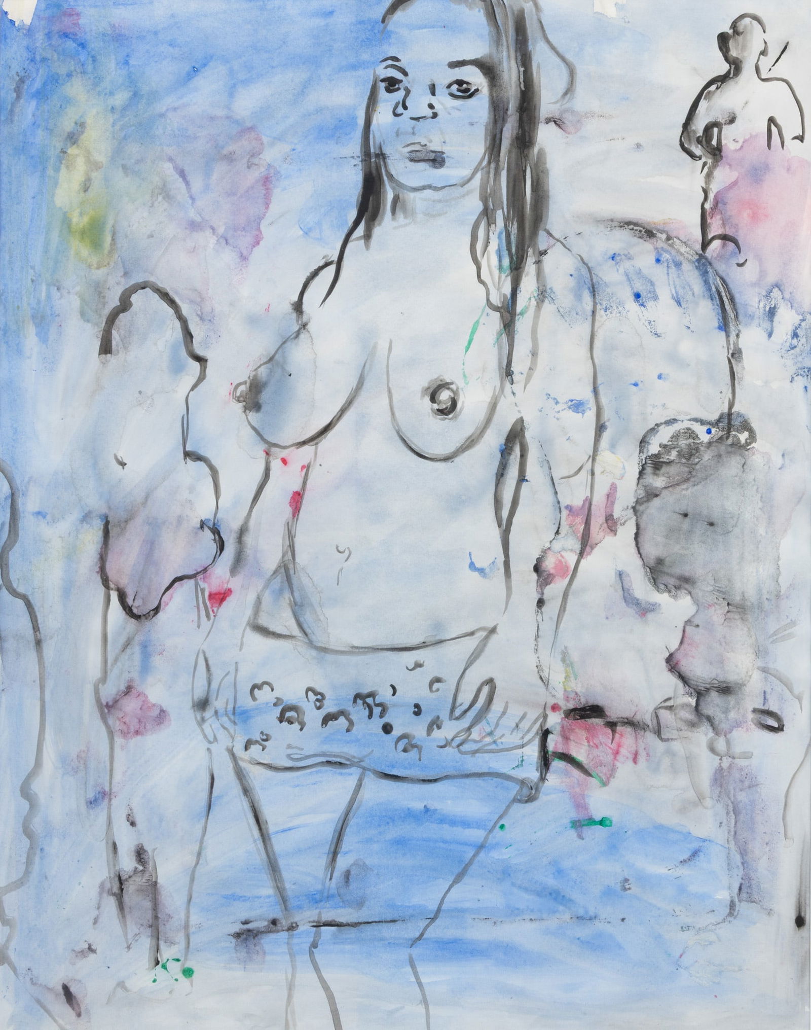 David Fludd (American, B. 1965) Watercolor on Paper, Ca. 1997, 'Untitled 4', H 33" W 27": David Fludd (American, B. 1965) Watercolor on Paper, Ca. 1997, 'Untitled 4', H 33" W 27" Unsigned. Ink and watercolor on paper depicting a standing semi nude female figure. Matted and framed under gla