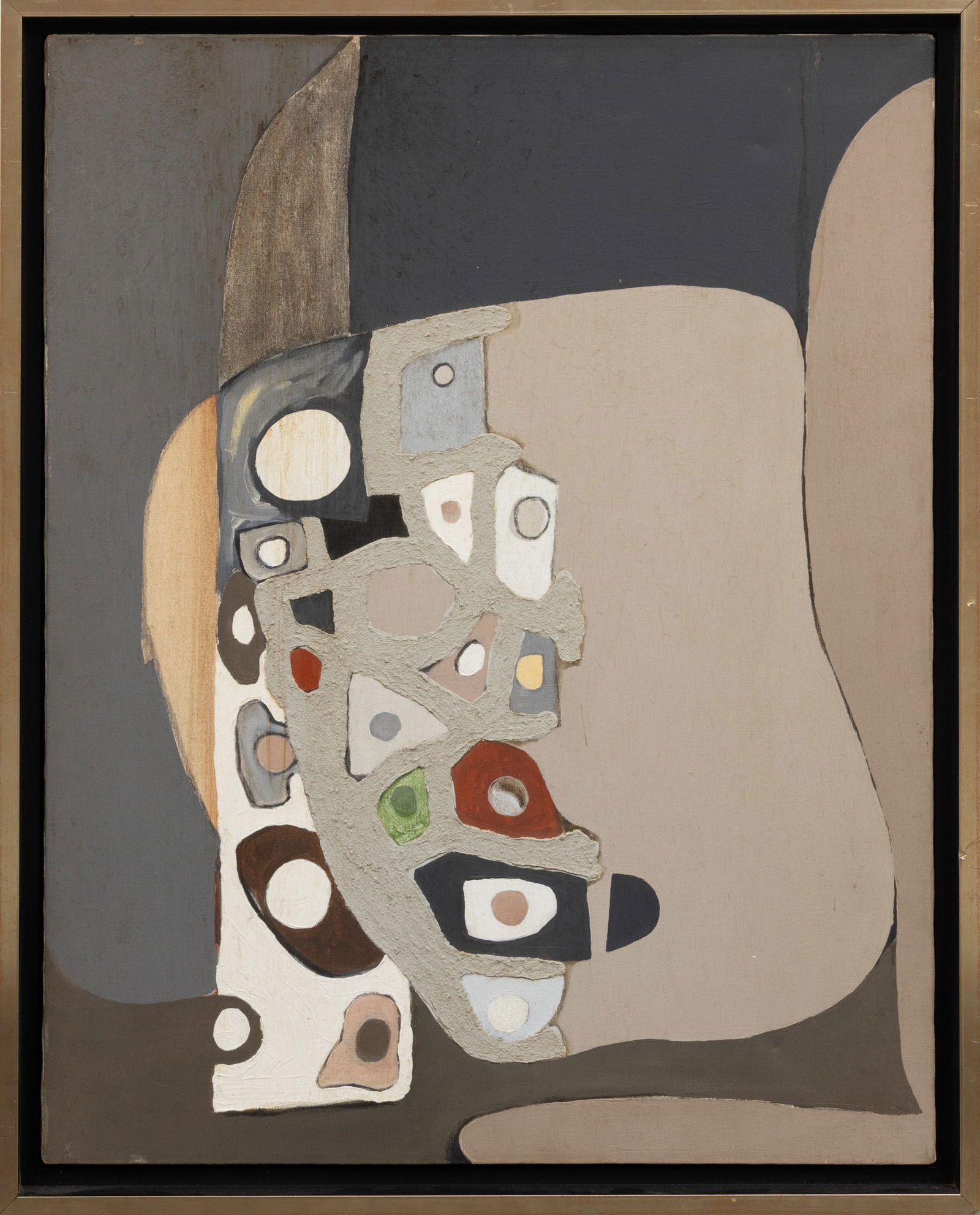 American Mixed Media on Canvas, Abstract, Ca. 1950-60, H 28" W 22": American Mixed Media on Canvas, Abstract, Ca. 1950-60, H 28" W 22" Unsigned. Oil on canvas with matter painting (appears to be a mix of sand or clay). Abstract image of geometric shapes. Having a mode