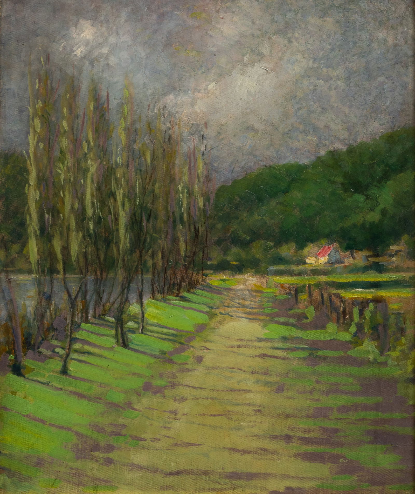 Oil on Canvas, Ca. 1900 Country Scene, H 17.25" W 14.5": Oil on Canvas, Ca. 1900 Country Scene, H 17.25" W 14.5" Unsigned. Bucolic impressionist scene depicting a tree-lined path leading to a house. Provenance: Proceeds to benefit a prominent Michigan nonp