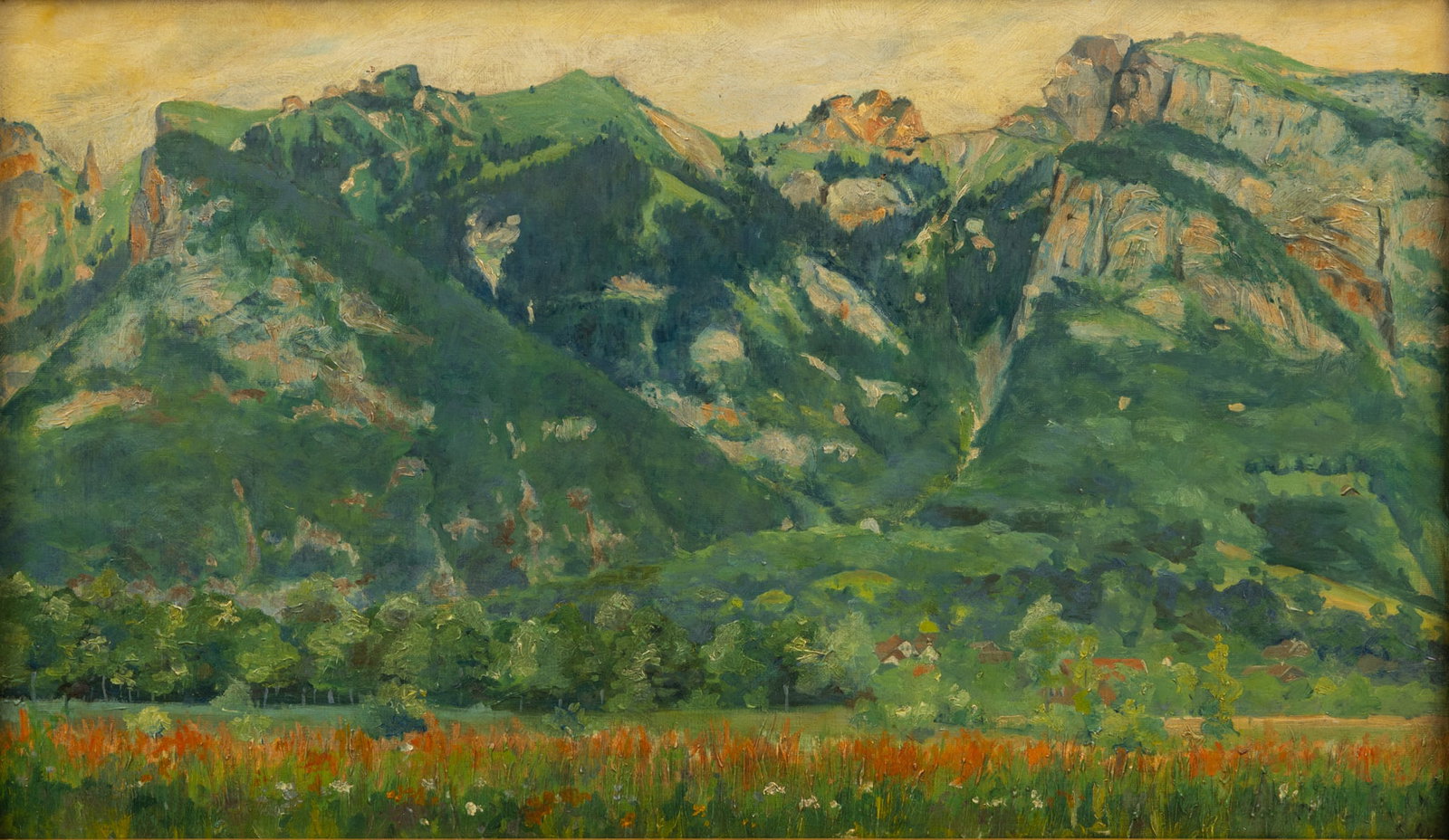 Oil on Canvas, Ca. 1900, 'Mountain Landscape', H 12" W 21": Oil on Canvas, Ca. 1900, 'Mountain Landscape', H 12" W 21" Unsigned. Depicting a verdant mountain landscape with flower field and houses in the foreground. Provenance: Proceeds to benefit a pro