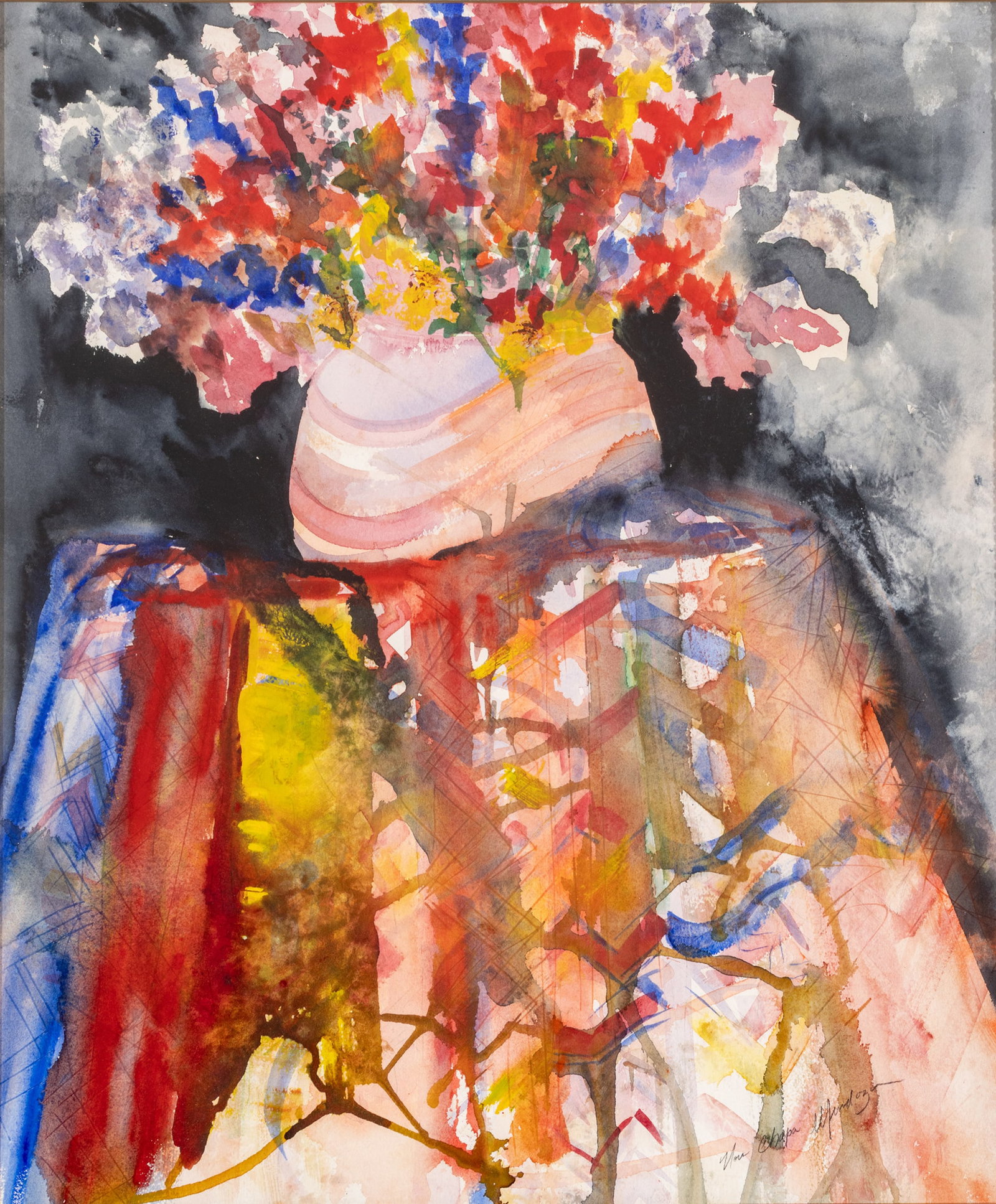 Nora Chapa Mendoza (American, B. 1932) Watercolor on Thick Wove Paper 'Abstract Still Life (Flowers: Nora Chapa Mendoza (American, B. 1932) Watercolor on Thick Wove Paper 'Abstract Still Life (Flowers in Vase)', H 25" W 21" Frame Size: H 34" W 30" Signed lower right. Provenance: Estate collection of