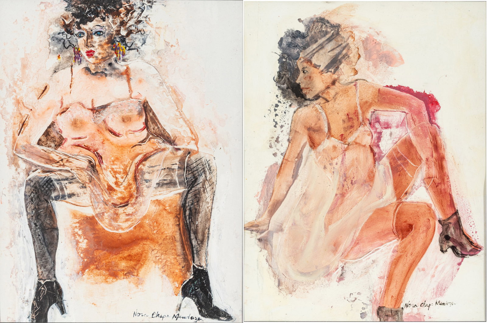 Nora Chapa Mendoza (American, B. 1932) Mixed Media on Paper 'Women Seated in Lingerie', H 12" W 9": Nora Chapa Mendoza (American, B. 1932) Mixed Media on Paper 'Women Seated in Lingerie', H 12" W 9" Frame Size: H 19" W 16" 2 PCS Each signed lower right. Provenance: Estate collection of Willia