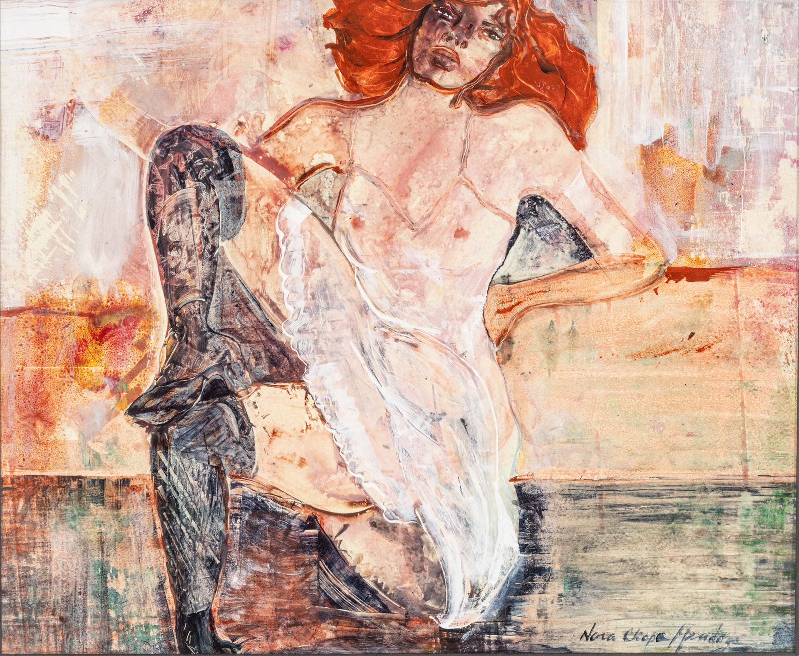 Nora Chapa Mendoza (American, B. 1932) Mixed Media on Paper 'Seated Woman in Lingerie', H 9.5" W 11": Nora Chapa Mendoza (American, B. 1932) Mixed Media on Paper 'Seated Woman in Lingerie', H 9.5" W 11" Frame Size: H 16" W 18" Signed lower right. Provenance: Estate collection of William and Betty Bro