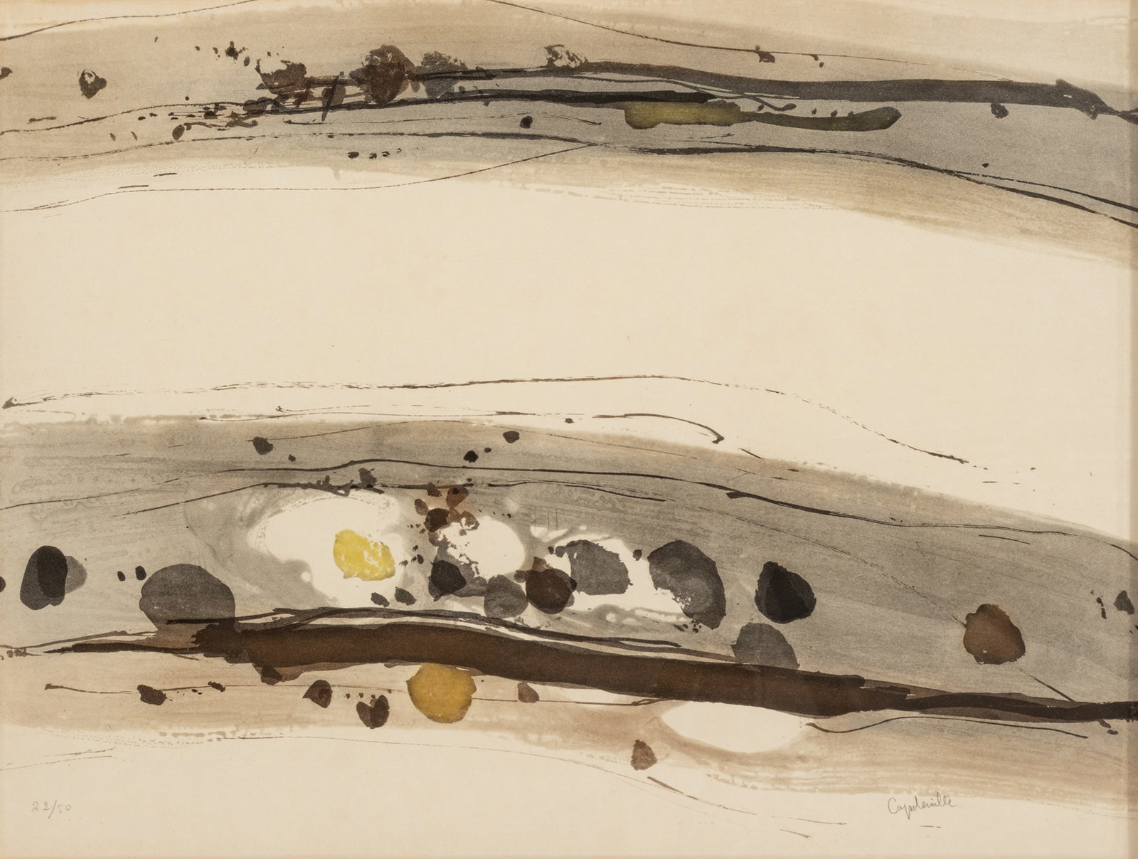 Jean Capdeville (French, B. 1917) Lithograph in Colors on Wove Paper 'Trace II', H 19.25" W 25.25": Jean Capdeville (French, B. 1917) Lithograph in Colors on Wove Paper 'Trace II', H 19.25" W 25.25" Signed in pencil lower right, numbered 22/50, the full sheet. Dimensions: H 19.25" W 25.25" Frame Siz