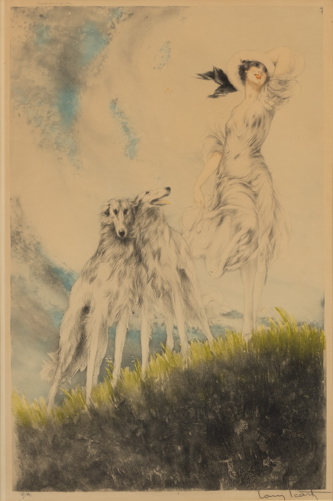 Louis Icart (French, 1888-1950) Etching and Aquatint with Hand Coloring on Paper 1929, 'Joie De: Louis Icart (French, 1888-1950) Etching and Aquatint with Hand Coloring on Paper 1929, 'Joie De Vivre', H 24.25" W 16" Frame Size: H 34" W 25.75" Or "Joy of Life", pencil signed lower right. Windmill