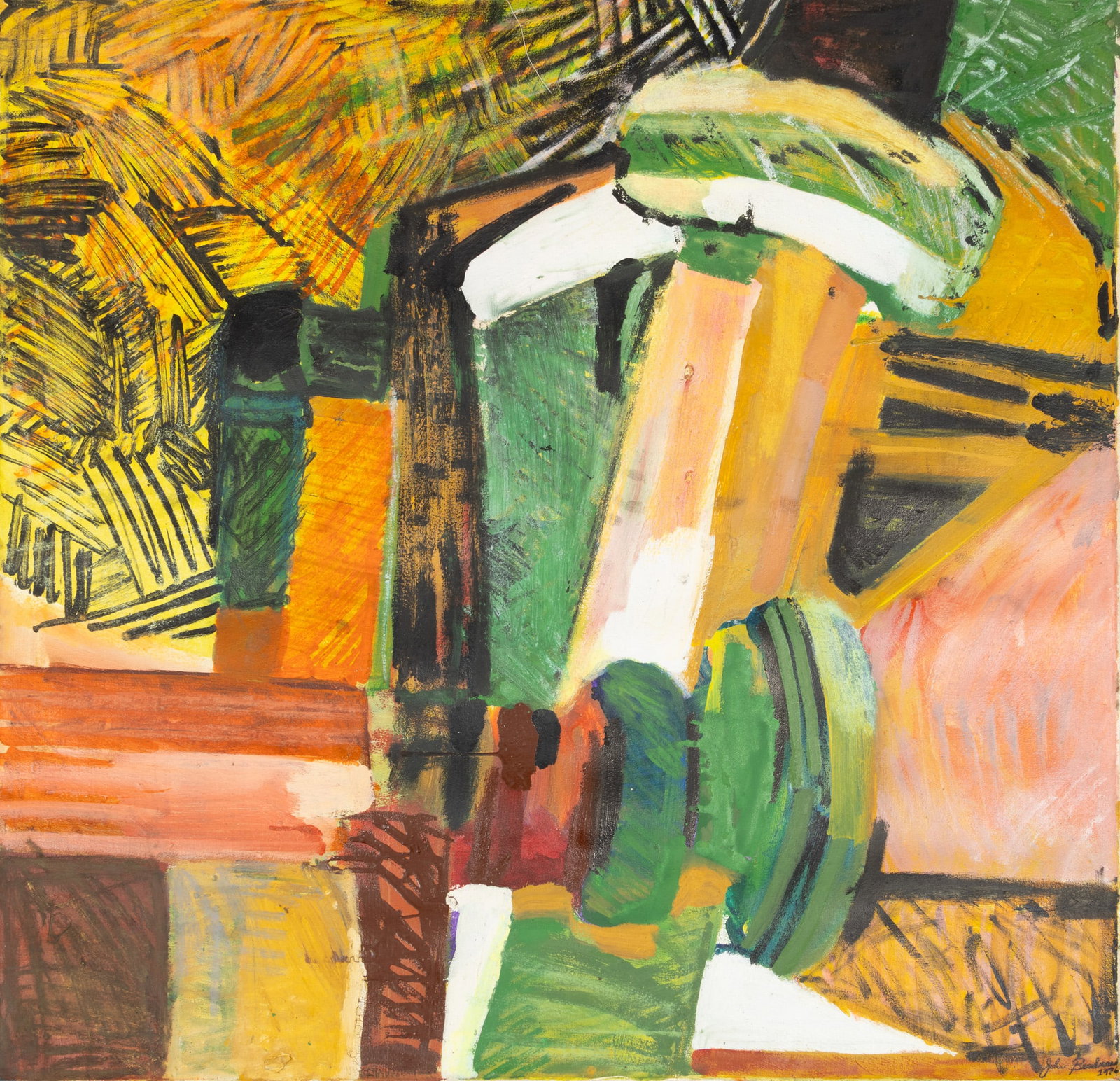 John Lawrence Beardman (American, 1937-2025) Oil on Canvas 1976, 'Untitled Abstract Composition', H: John Lawrence Beardman (American, 1937-2025) Oil on Canvas 1976, 'Untitled Abstract Composition', H 35" W 36" Signed lower right and dated 1976. John Beardman was an American abstract expressionist pa