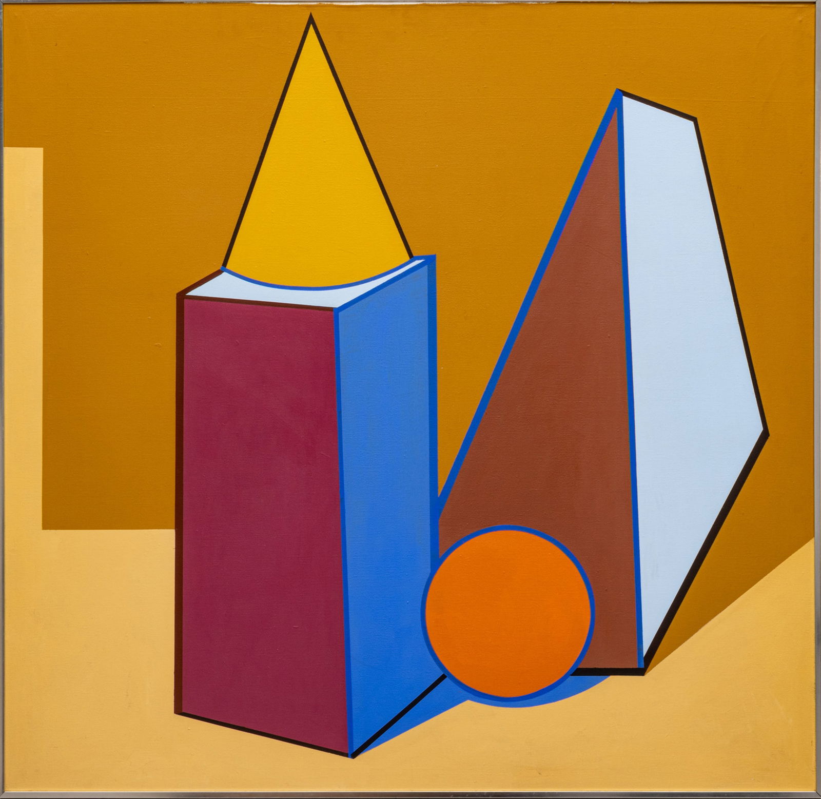 David J. Rubello (American/Detroit, B. 1935) Acrylic on Canvas, 'Beginnings (Origin)', H 48" W 50": David J. Rubello (American/Detroit, B. 1935) Acrylic on Canvas, 'Beginnings (Origin)', H 48" W 50" Signed and titled on the verso. Series of colorful geometric shapes. Having a thin metal frame. Detro