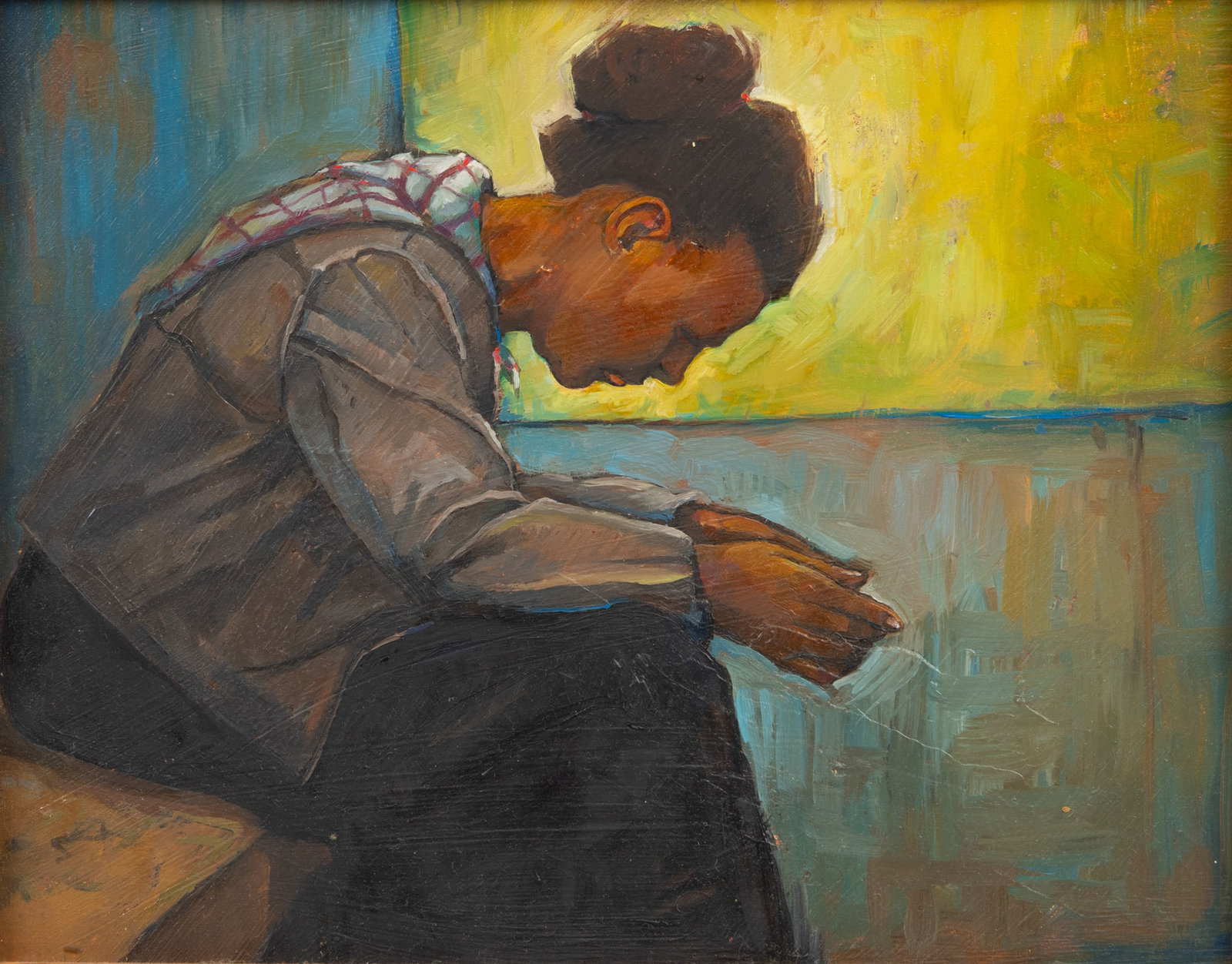 American Oil on Board, Portrait of a Woman H 7.5" W 9.5": American Oil on Board, Portrait of a Woman H 7.5" W 9.5" Illegibly signed on the verso. Portrait of a seated woman, hand in front of her and head downcast. Having a giltwood frame. Provenance: