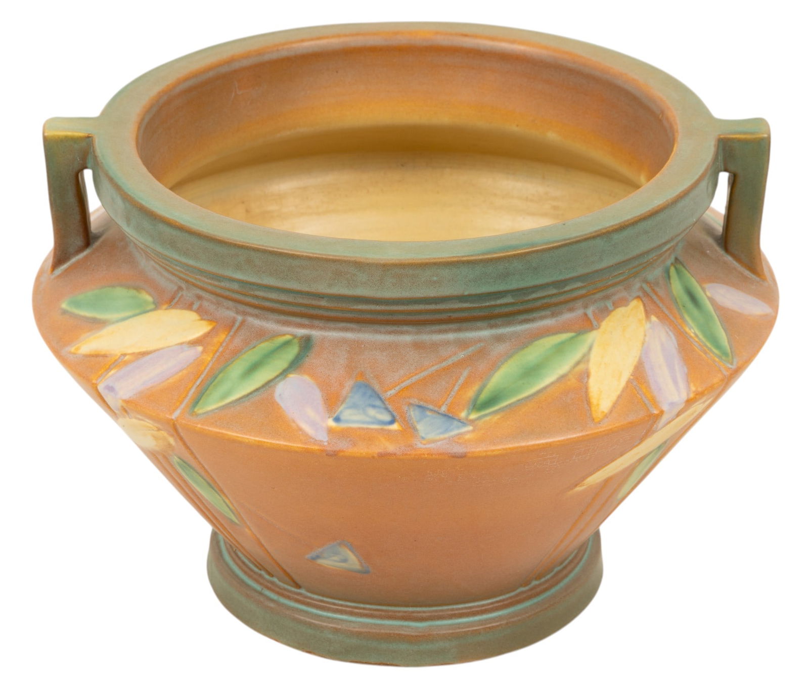 Roseville Pottery (American) 'Futura' Art Deco Pottery Jardinière, Ca. 1928, H 8" Dia. 12": Roseville Pottery (American) 'Futura' Art Deco Pottery Jardinière, Ca. 1928, H 8" Dia. 12" Tan Futura design art pottery jardinière. Polychrome leaf designs with double handles. Unmarked.&