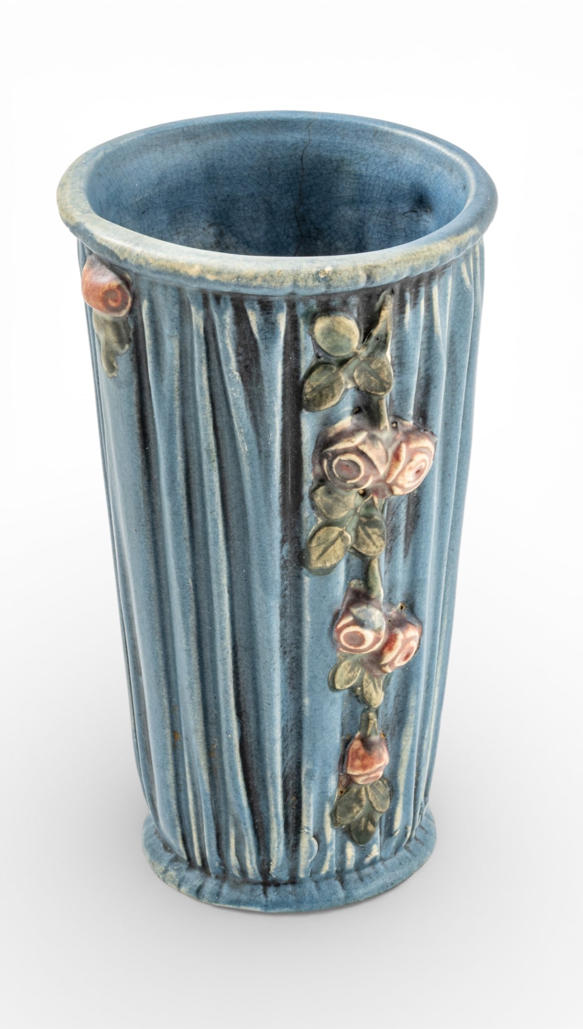 Weller (USA) Pottery Vase, Blue with Roses Motif 1900, H 6.5" Dia. 3.3": Weller (USA) Pottery Vase, Blue with Roses Motif 1900, H 6.5" Dia. 3.3" Tapered reeded exterior with trellis of roses. Provenance: Property of a Prominent Grosse Pointe, MI Collector Dimensions
