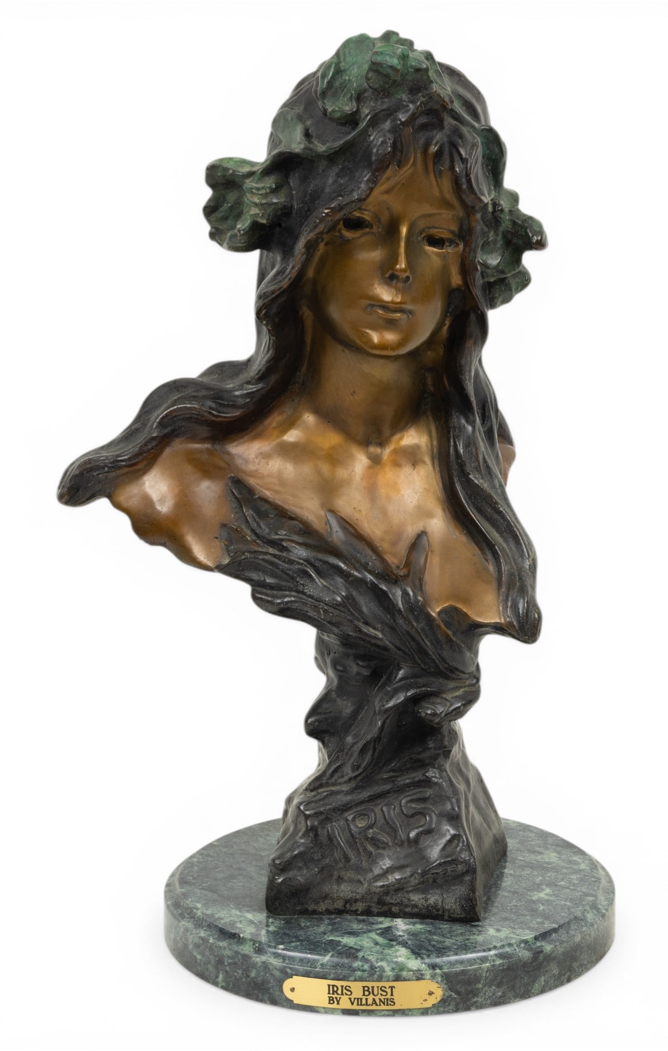 After Emmanuel Villanis (French, 1858-1914) Patinated Bronze Bust, 20th Century, 'Iris', H 20.5" W: After Emmanuel Villanis (French, 1858-1914) Patinated Bronze Bust, 20th Century, 'Iris', H 20.5" W 10.5" Depth 9" Cast signed verso, titled lower center. Having a black, brown and green applied patina