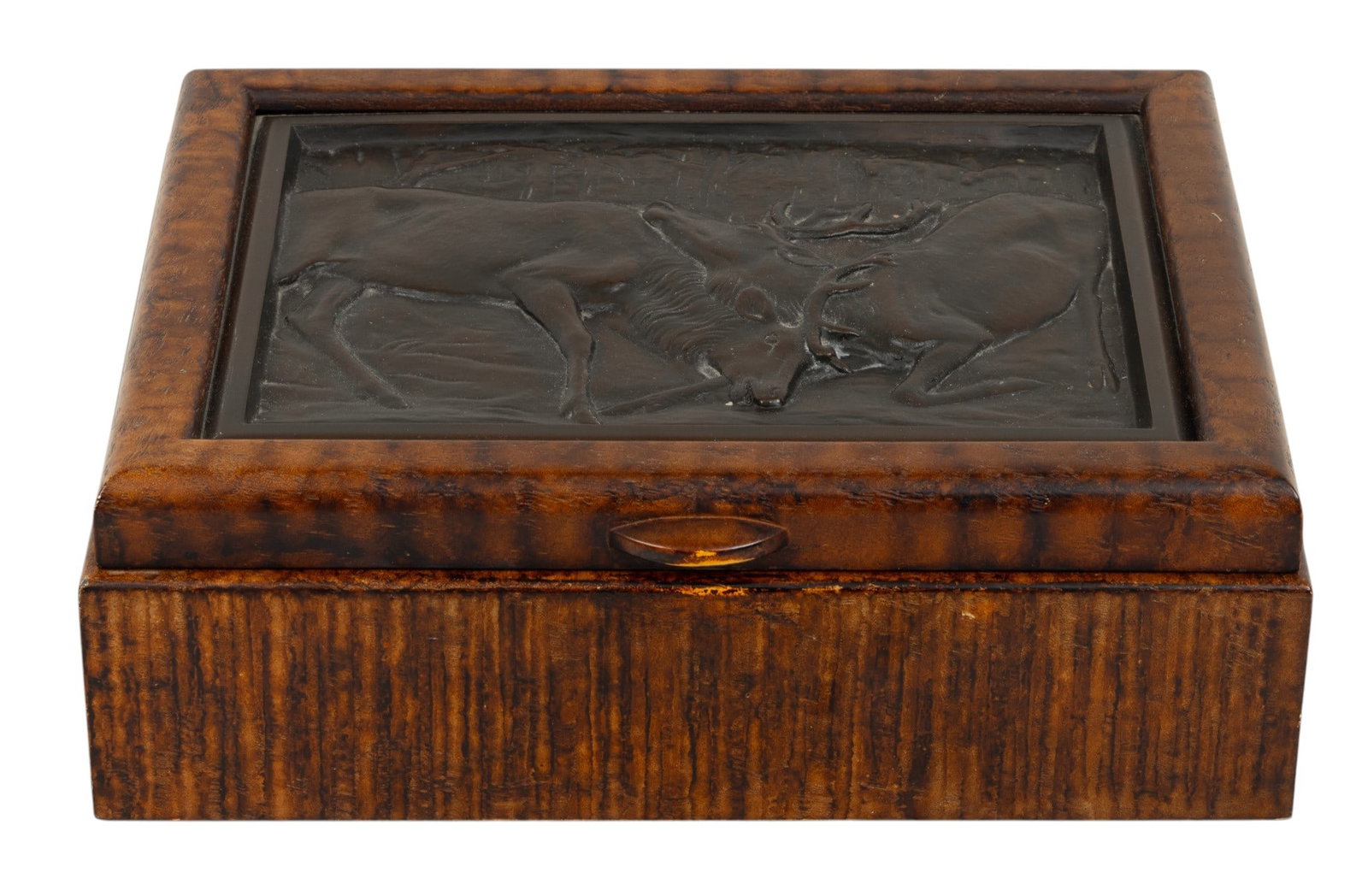 American Burl Walnut Finish Desk Top Humidor with Inset Plaque 1950, 'Rutting Elk', H 4" W 12" Depth: American Burl Walnut Finish Desk Top Humidor with Inset Plaque 1950, 'Rutting Elk', H 4" W 12" Depth 9.75" Humidor box having hinged lid with bronze finished inset plaque of elk fighting. Felt lined.&