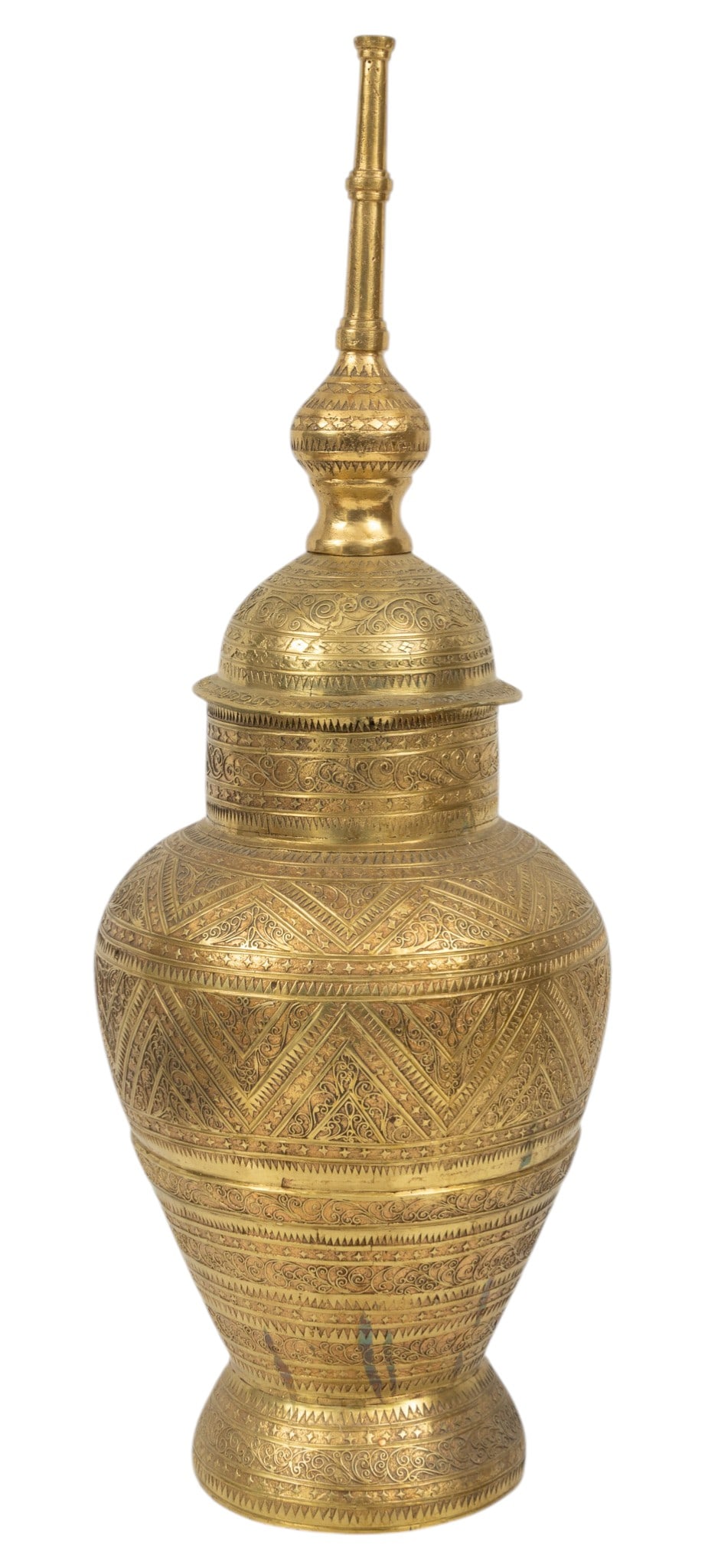 Philippine Brass Traditional Ceremonial Wedding Vessel 20th C., H 38" Dia. 13": Philippine Brass Traditional Ceremonial Wedding Vessel 20th C., H 38" Dia. 13" Bulbous body with domed lid and tall finial. Chased motif. Provenance: Property from the Estate of Charles Delia,