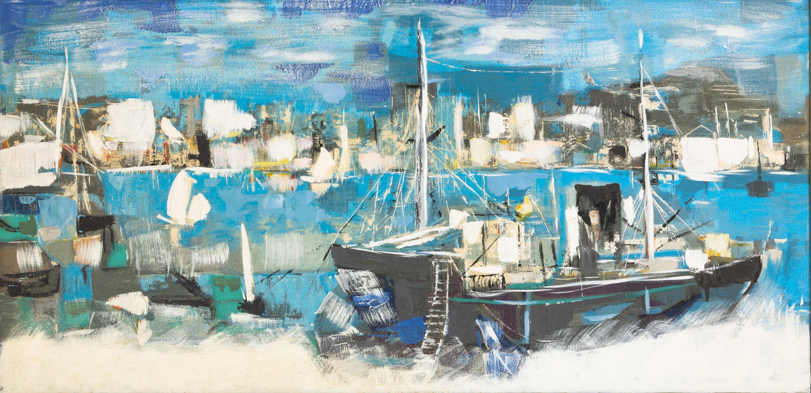 Bearing Signature Minni (American) Mid-Century Modern Oil on Canvas 1950-1960, 'Harbor Scene', H 24": Bearing Signature Minni (American) Mid-Century Modern Oil on Canvas 1950-1960, 'Harbor Scene', H 24" W 48" Frame Size: H 28" W 52" Signed indistinctly lower right. This work was painted by a graduate