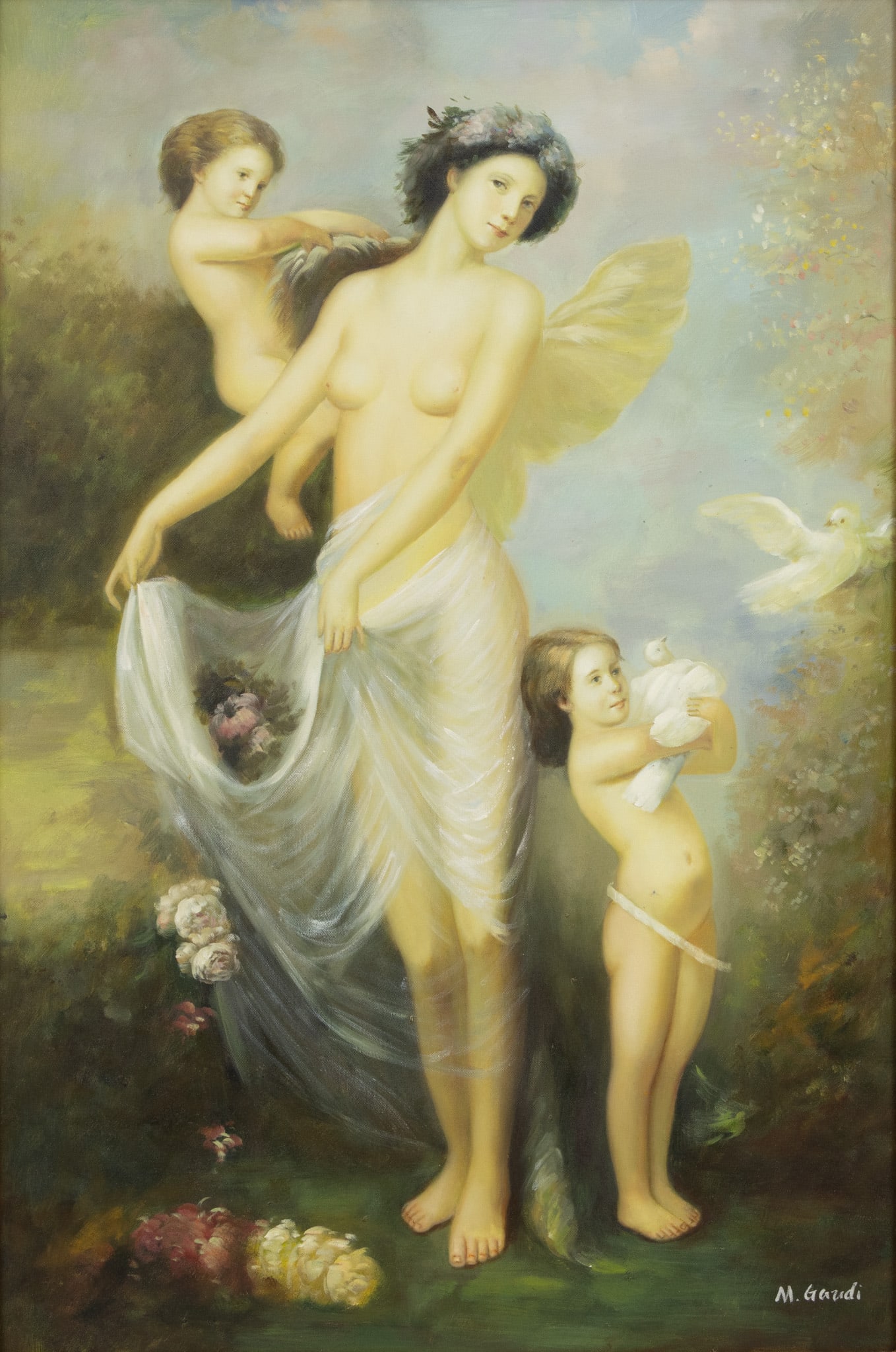 M. Gaudi Oil on Canvas Venus with Cherubs and Doves H 35" W 23.25": M. Gaudi Oil on Canvas Venus with Cherubs and Doves H 35" W 23.25" Signed lower right. Depicting a semi nude Venus in a garden setting with cherubs and doves. Provenance: Property from Franklin, MI p