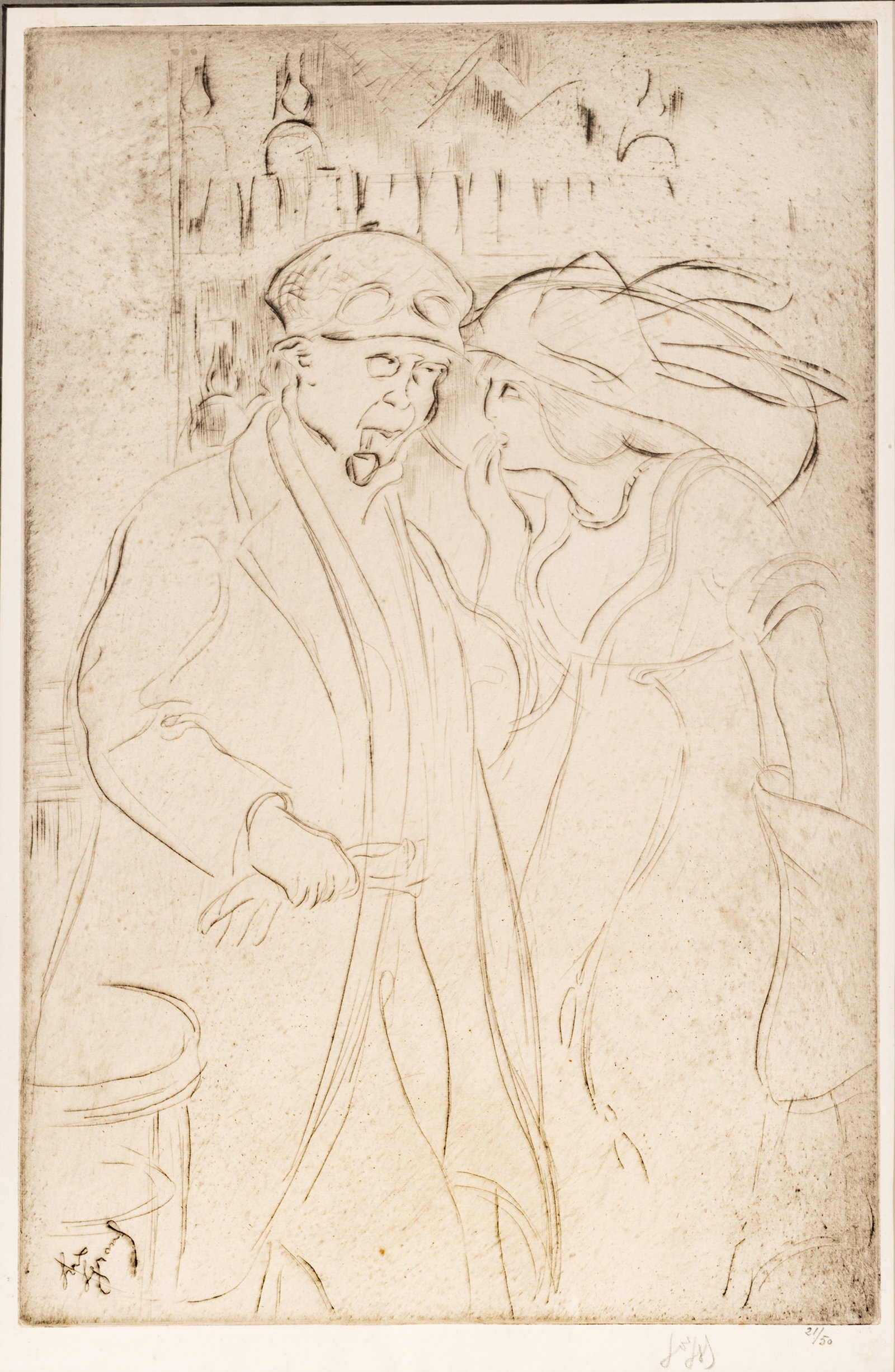 Louis Auguste Mathieu Legrand (French, 1863-1951) Drypoint on Cream Laid Paper, with Watermark 1911,: Louis Auguste Mathieu Legrand (French, 1863-1951) Drypoint on Cream Laid Paper, with Watermark 1911, 'Le Chauffeur', H 16.25" W 10.75" Signed in pencil lower right, numbered 21/50, published by Gustav