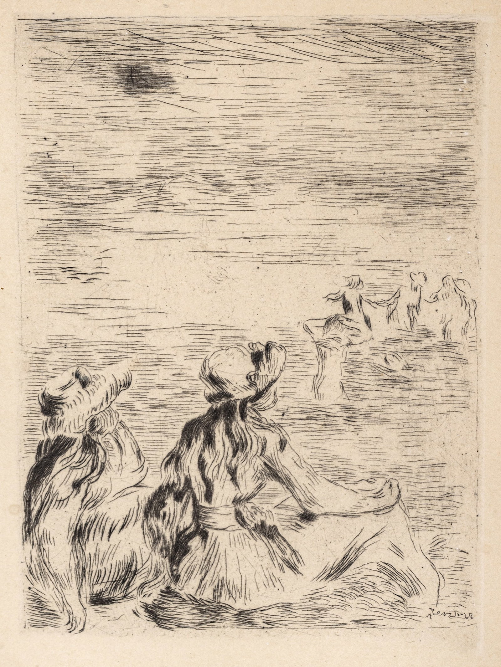 Pierre-Auguste Renoir (French, 1841-1919) Etching with Drypoint on Laid Paper, 20th C., 'Sur La: Pierre-Auguste Renoir (French, 1841-1919) Etching with Drypoint on Laid Paper, 20th C., 'Sur La Plage', H 5.25" W 3.5" Posthumous edition. Signed in the plate. Professionally matted and framed under g