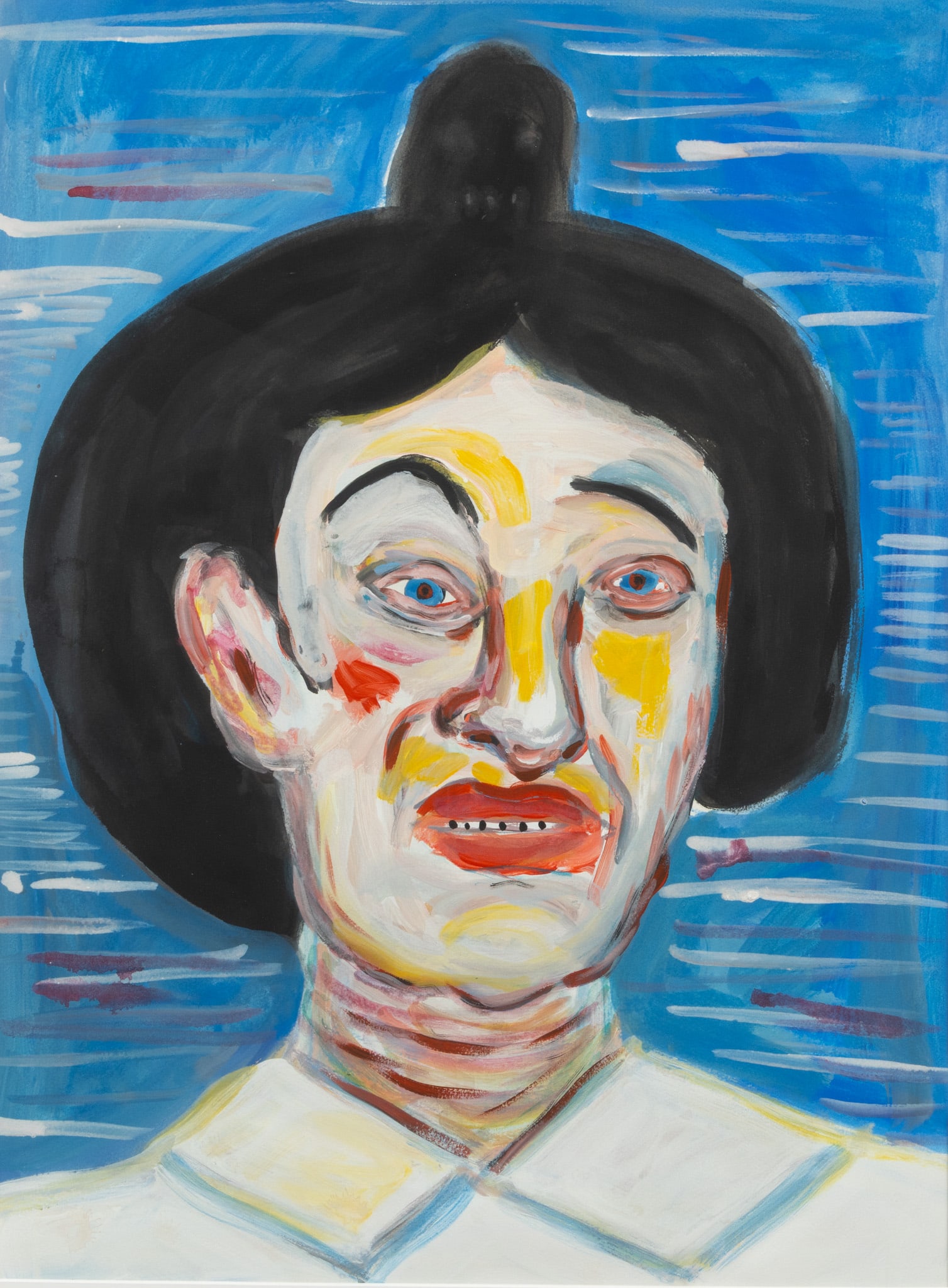 David Fludd (American, B. 1965) Acrylic on Paper, 2000, 'Untitled 20', H 29" W 21": David Fludd (American, B. 1965) Acrylic on Paper, 2000, 'Untitled 20', H 29" W 21" Signed and dated verso. Acrylic portrait of a smiling woman. Matted and framed under glass in a giltwood frame. 