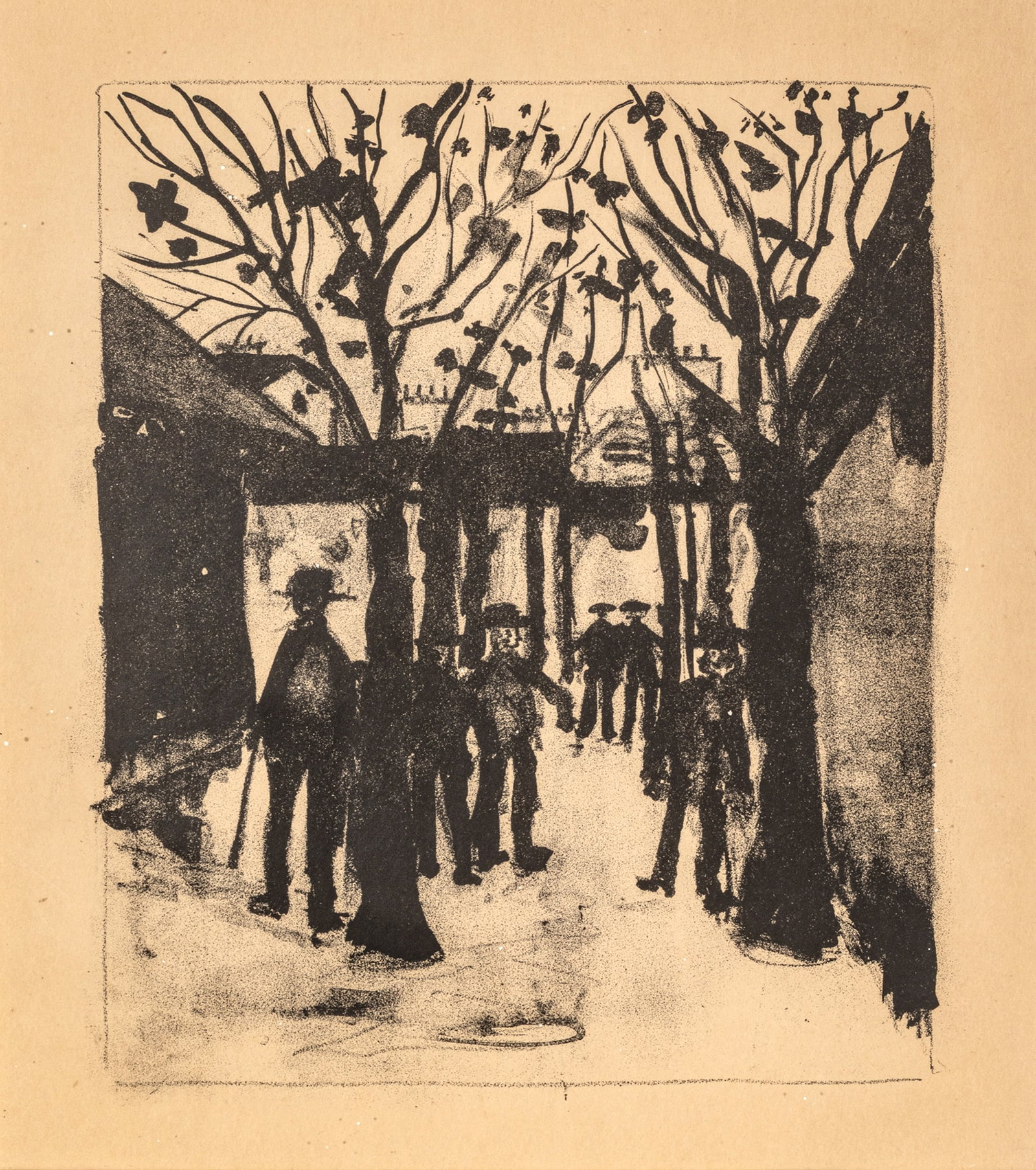 Maurice Utrillo (French, 1883-1955) Lithograph in Black on Cream Wove Paper 1925-55, 'Place Du: Maurice Utrillo (French, 1883-1955) Lithograph in Black on Cream Wove Paper 1925-55, 'Place Du Tertre a Montmartre', H 7.8" W 6.75" Unsigned. Depicting figures on a treelined walkway. Matted and frame