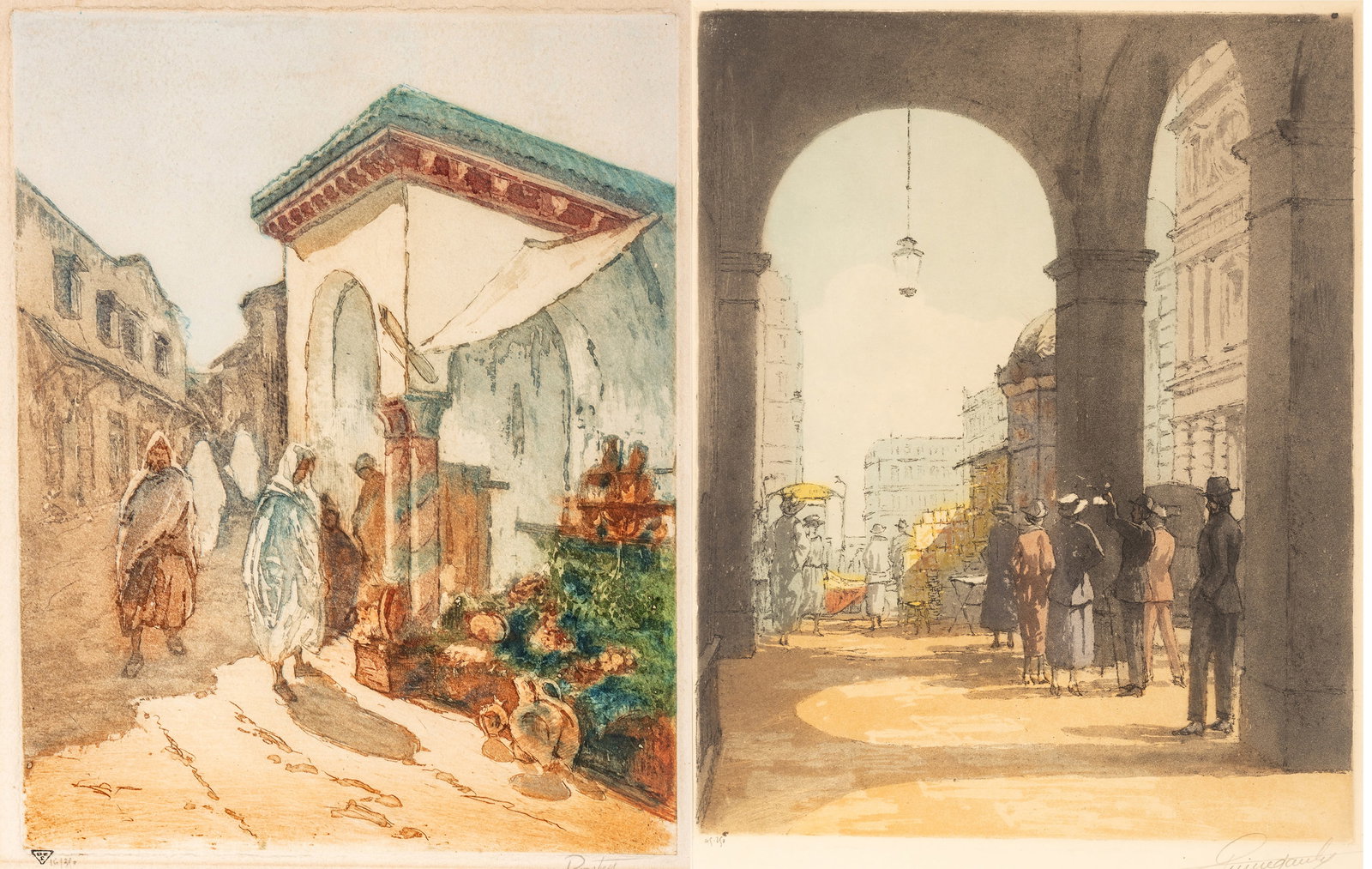 Henri Jean Pontoy (French, 1888-1923) Etching and Aquatint 1910, 'A Street in Tunis', H 12.5" W 9.5": Henri Jean Pontoy (French, 1888-1923) Etching and Aquatint 1910, 'A Street in Tunis', H 12.5" W 9.5" Frame Size: H 21" W 17" 2 PCS Signed in pencil lower right. Publisher's seal and inventory # lower