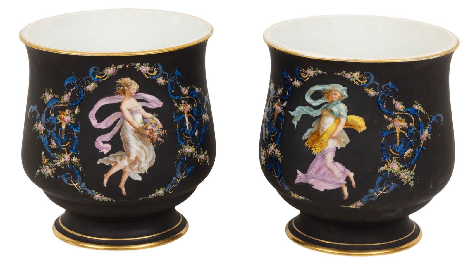 French Porcelain Cachepots, 1880-1900, H 10.5" Dia. 9.5" 1 PAIR: French Porcelain Cachepots, 1880-1900, H 10.5" Dia. 9.5" 1 PAIR Hand painted design of maidens in flowing gowns in a wreath of hand painted flowers with fired gold accents. Unmarked. Dimensions: