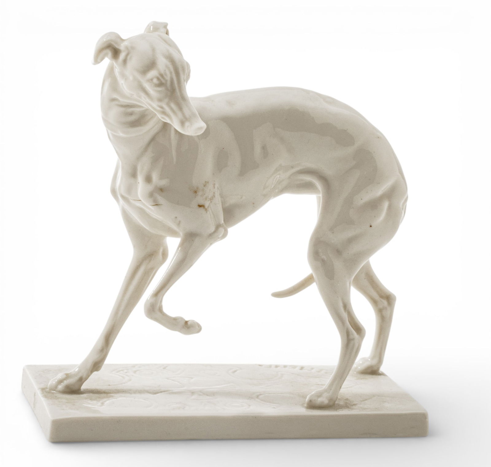Nymphenburg (German) Porcelain Whippet Dog Figure H 5.2" L 5": Nymphenburg (German) Porcelain Whippet Dog Figure H 5.2" L 5" Glazed all white. Striking pose showing movement. Dimensions: H 5.2" L 5"
