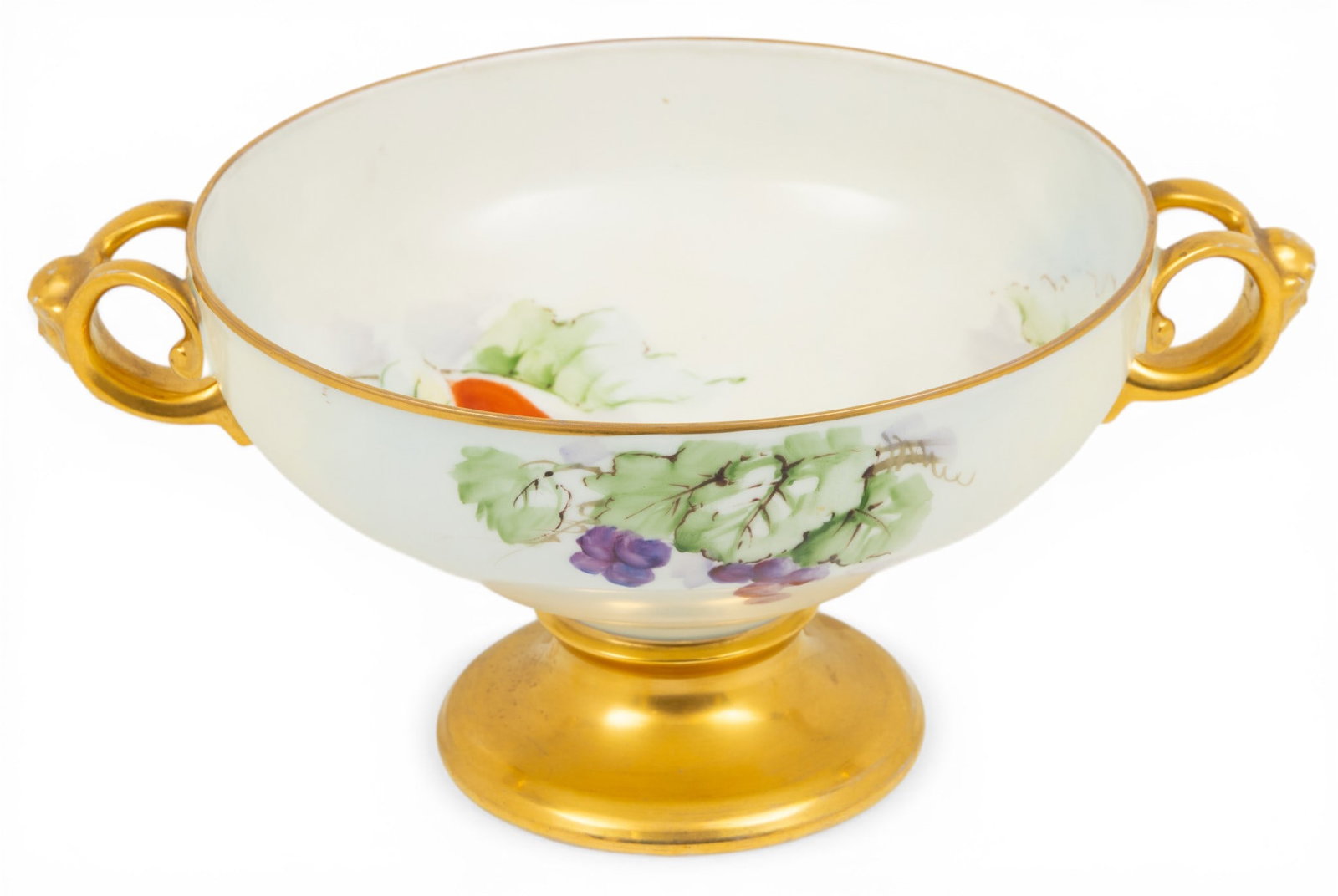 Rosenthal (Selb Bavaria) Porcelain Centerpiece Compote 1950, 'Empire', H 6.5" Dia. 14.5": Rosenthal (Selb Bavaria) Porcelain Centerpiece Compote 1950, 'Empire', H 6.5" Dia. 14.5" Hand painted fruits. Fired gold handles and pedestal base. Dimensions: H 6.5" Dia 14.5"