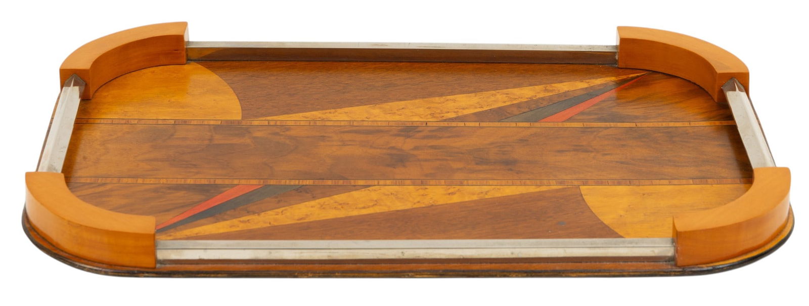 Art Deco Style Marquetry Inlaid Cocktail Tray, Ca. 1930-40, H 1.5" W 14.5" L 21.5": Art Deco Style Marquetry Inlaid Cocktail Tray, Ca. 1930-40, H 1.5" W 14.5" L 21.5" Central geometric design with inlaid Birdseye maple and mahogany. Carved wood and chromed metal gallery. No maker mar