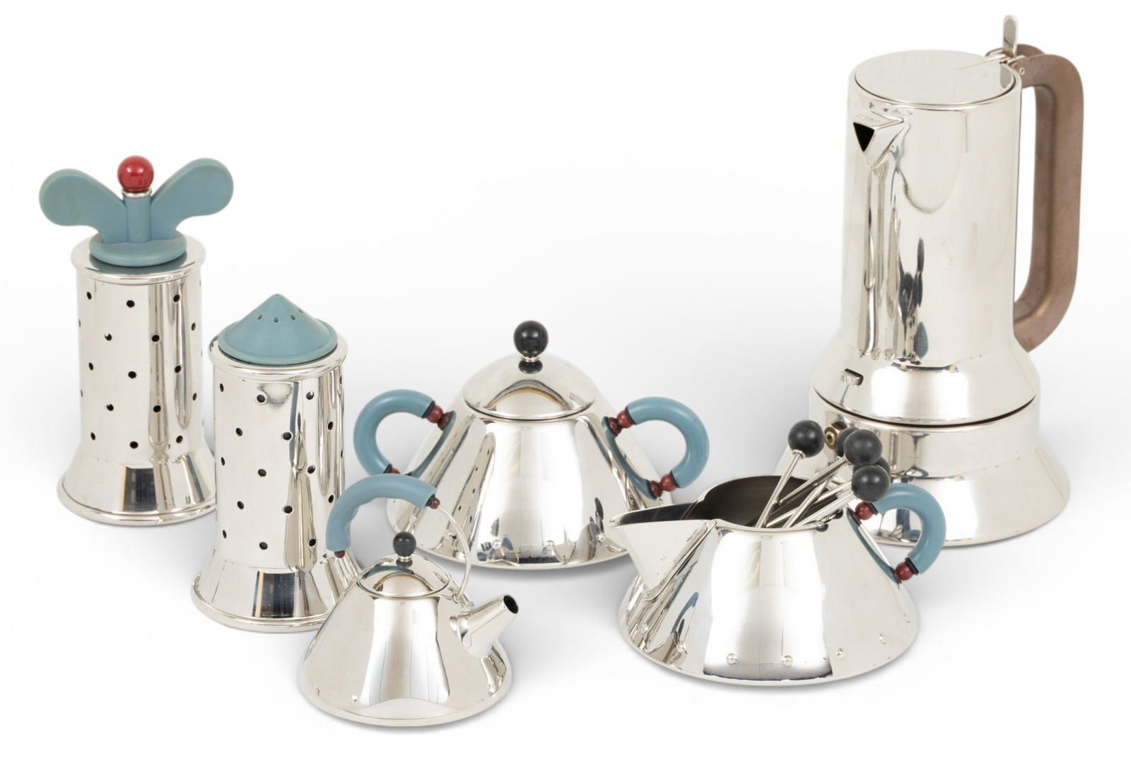 Alessi (Italian) Chrome Espresso Set and Tableware Grouping 20th C., 6 PCS: Alessi (Italian) Chrome Espresso Set and Tableware Grouping 20th C., 6 PCS Espresso pot, creamer, sugar (5 stir spoons), pepper grinder, salt shaker, 9093M kettle in original box. Provenance: F