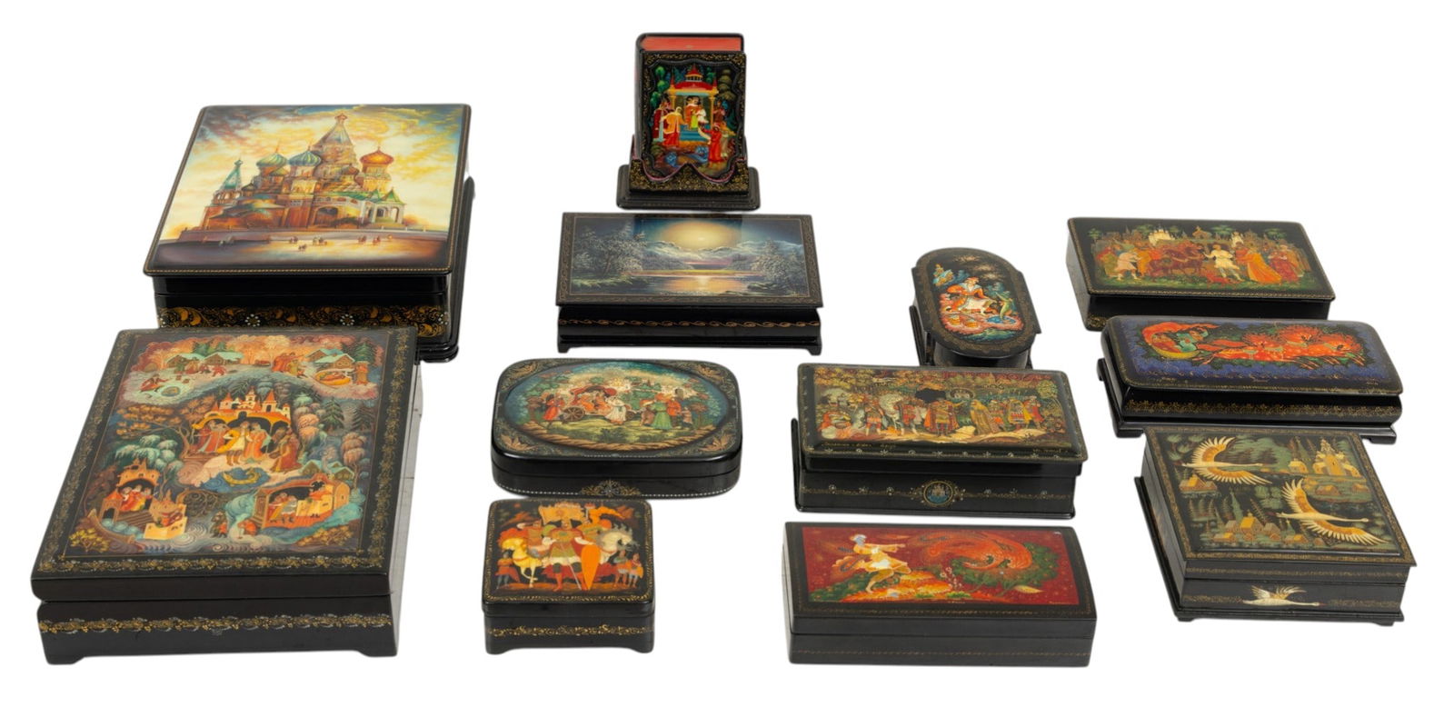 The Thomas Morton Collection of Hand Painted Lacquer Box Grouping 12 PCS: The Thomas Morton Collection of Hand Painted Lacquer Box Grouping 12 PCS Thomas Morton was the head of a NGO and traveled to Russia frequently to arrange funding for the care of orphans and children.