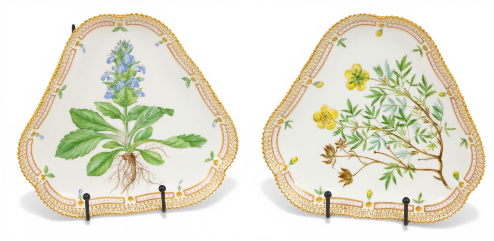 Royal Copenhagen (Danish) Flora Danica Porcelain Serving Plates, 'Ajuga Genevensis, Potentilla: Royal Copenhagen (Danish) Flora Danica Porcelain Serving Plates, 'Ajuga Genevensis, Potentilla Fruticosa', H 8.5" W 9.25" 2 PCS Central hand painted flowers. Fired gold rims. Both marked on the unders