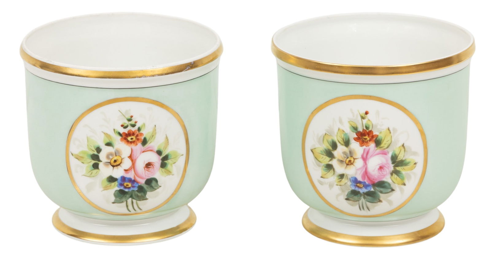Portuguese Porcelain Cachepots 20th C., H 6" W 6" 1 PAIR: Portuguese Porcelain Cachepots 20th C., H 6" W 6" 1 PAIR French inspired. Hand painted roses in a fired gold cartouche. Fired gold rim and base. Dimensions: H 6" W 6" 1 PAIR