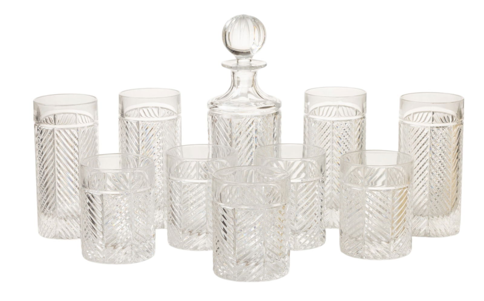 Ralph Lauren Herringbone Tumblers (9) and Decanter 10 PCS: Ralph Lauren Herringbone Tumblers (9) and Decanter 10 PCS Decanter with stopper H 10". Four highballs 6". Five old fashion glasses 4". All signed. Dimensions: 10 PCS