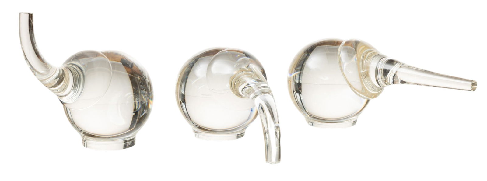 Steuben (American) Art Glass Elephants 20th Cent., H 3" L 6" 3 PCS: Steuben (American) Art Glass Elephants 20th Cent., H 3" L 6" 3 PCS Three clear crystal elephant figures two approx. H. 3" L.6", and one H. 3" L.6". All signed. Provenance: Property of a Troy, MI priv