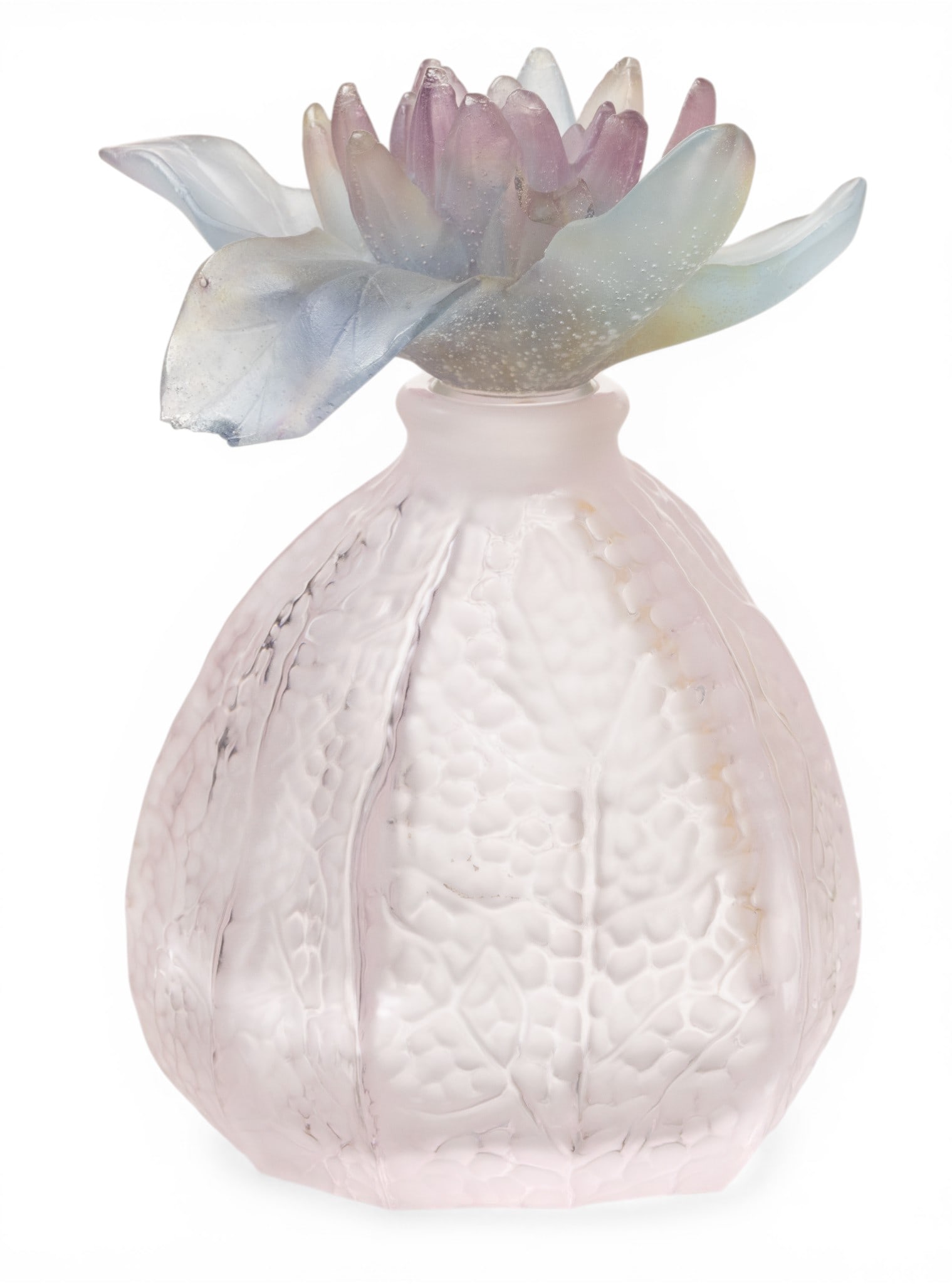Daum (France) Pate De Verre "Physalis" Perfume and Stopper H 5.5" Dia. 3.5" 1 PC: Daum (France) Pate De Verre "Physalis" Perfume and Stopper H 5.5" Dia. 3.5" 1 PC Signed. Pink bottle and flower stopper. Provenance: Property of a Troy, MI private collector Dimensions: H 5.5"