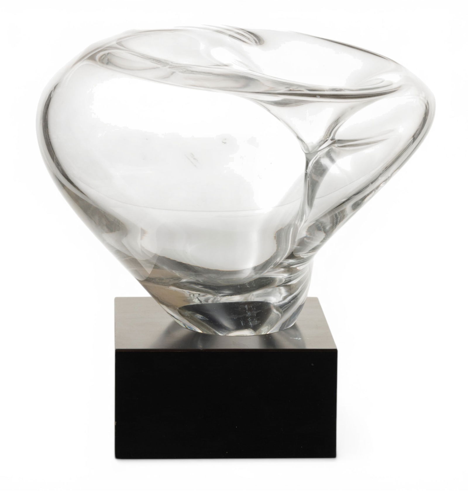 M. Lax, Art Glass Sculpture, Wood Base 1969, H 7" Dia. 9.5" 2 PCS: M. Lax, Art Glass Sculpture, Wood Base 1969, H 7" Dia. 9.5" 2 PCS Signed, dated and numbered 99/200. Free form blown art glass. Separate black wood cube form base. Provenance: Property of