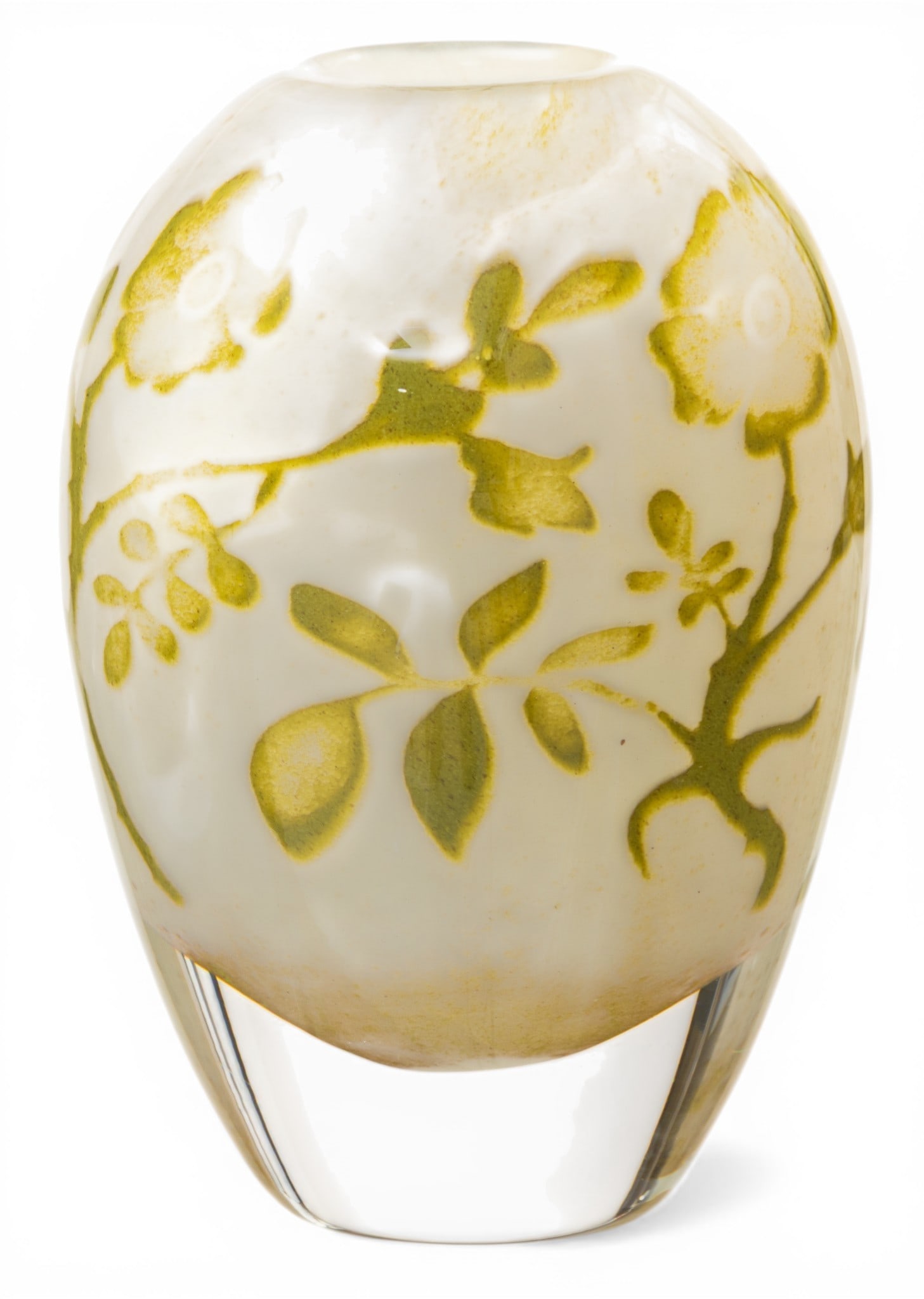 Olle Brozen, for Kosta Boda Art Glass Vase '"Floating Flowers"', H 7.5" W 5" 1 PC: Olle Brozen, for Kosta Boda Art Glass Vase '"Floating Flowers"', H 7.5" W 5" 1 PC Signed. Hand blown. Green floral pattern Provenance: Property of a Troy, MI private collector Dimensions: H 7.5